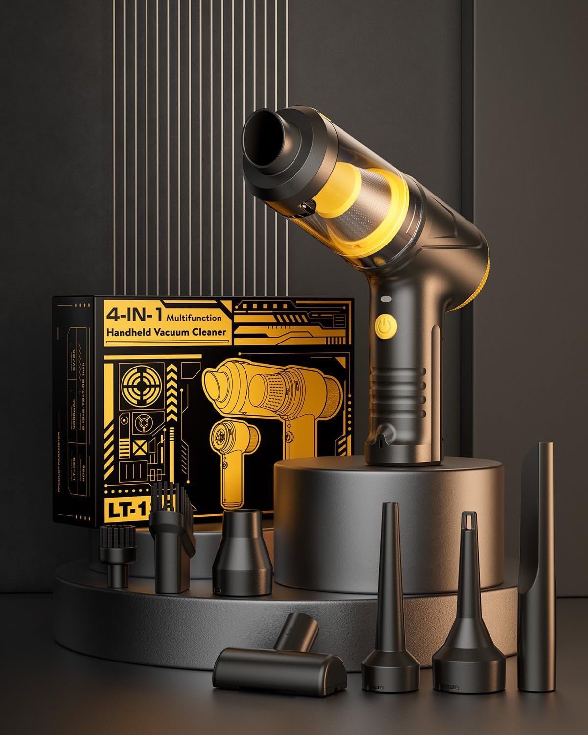 Shows everything included in the package—the handheld vacuum, charging base, multiple nozzle attachments, and packaging—to reassure shoppers they're getting a…