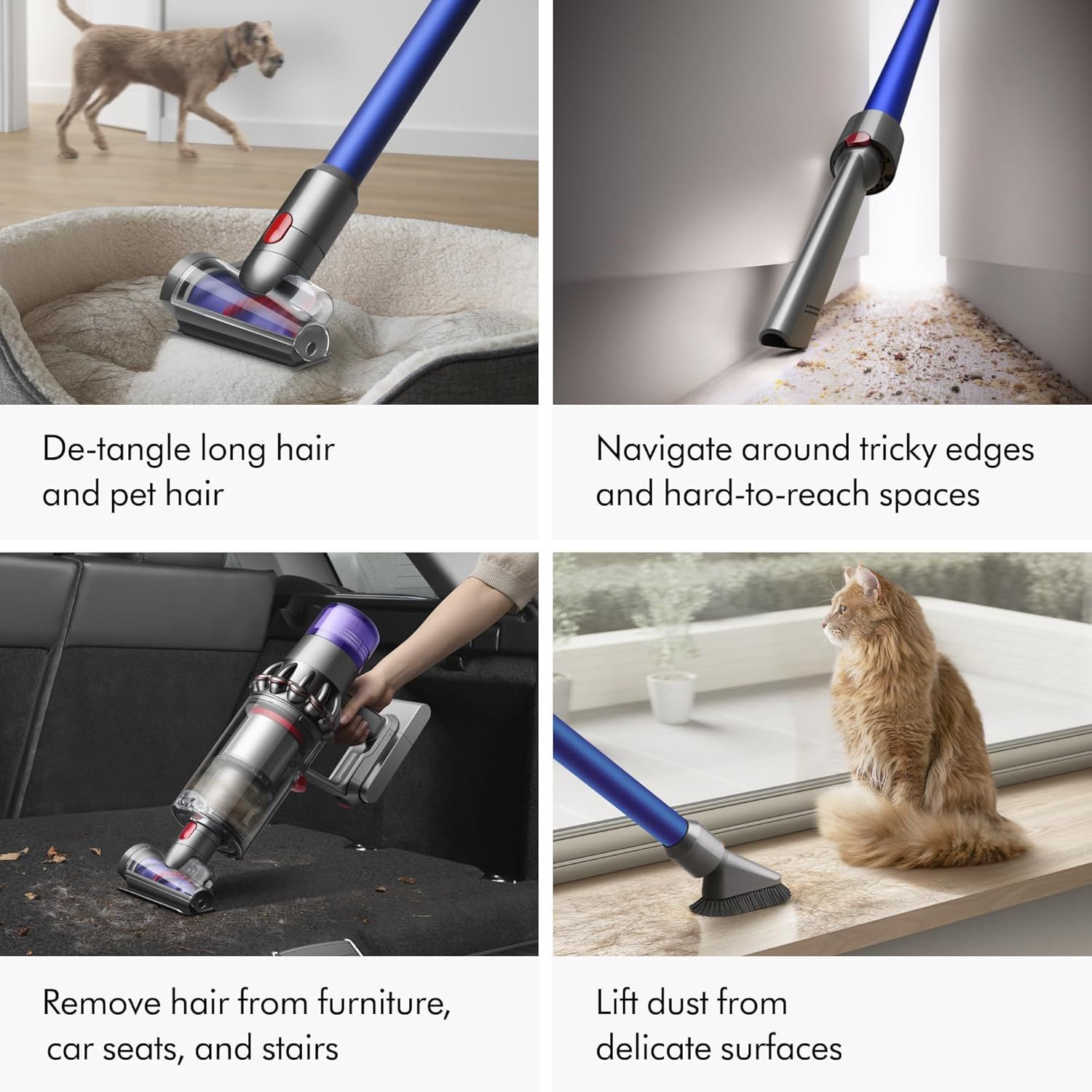 Demonstrates the vacuum's versatility across multiple real-world cleaning scenarios, including pet hair removal, hard-to-reach spaces, furniture and car…