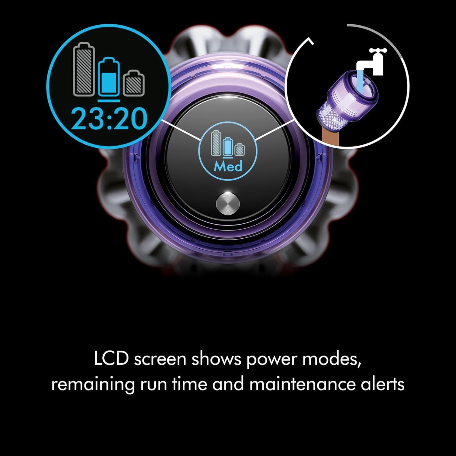 Communicates multiple benefits of the LCD screen interface, showing shoppers that the vacuum provides real-time information about battery life, power…
