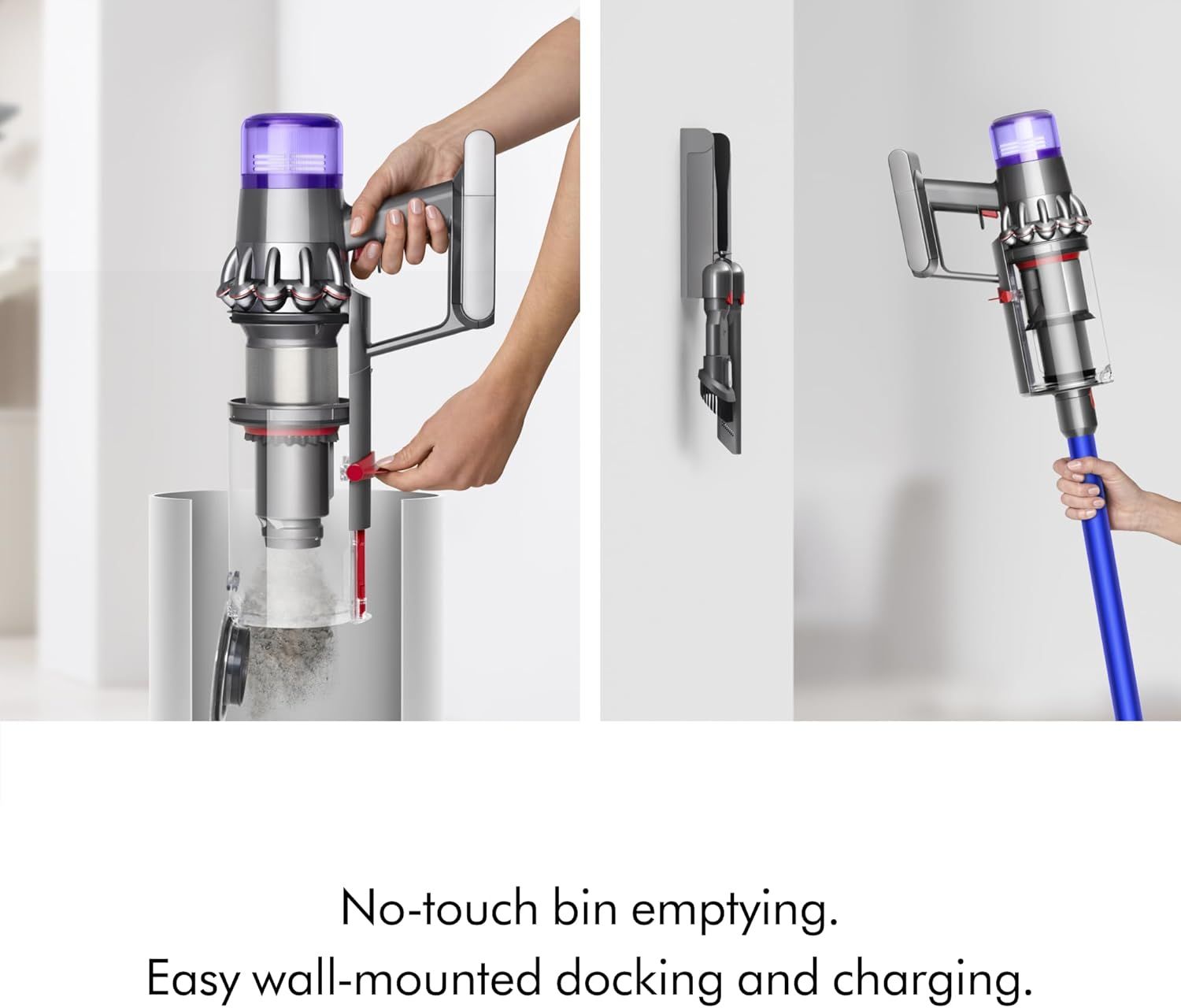 Demonstrates the convenience of the wall-mounted docking station that allows for hygienic no-touch bin emptying and simultaneous charging, emphasizing ease of…