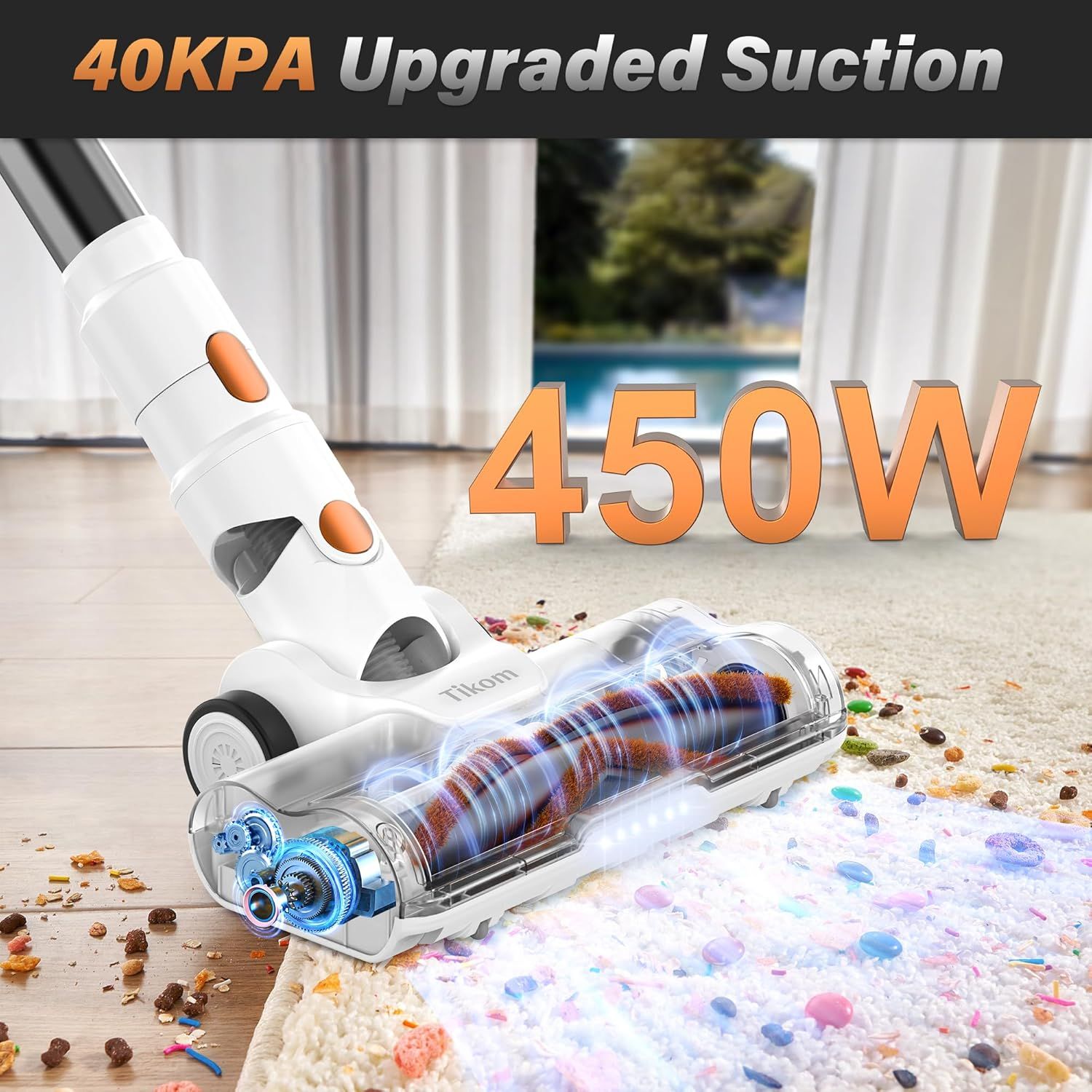 Highlights the product's powerful suction capability (40KPA) and motor power (450W) to communicate superior cleaning performance and effectiveness. Shows the…
