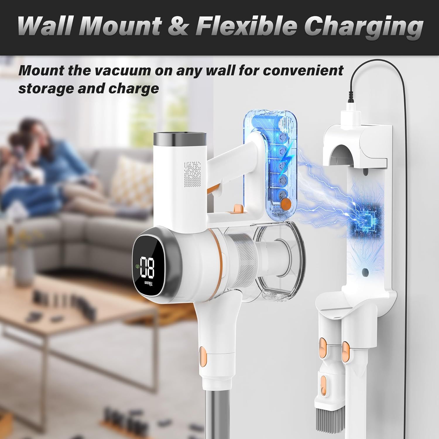 Demonstrates the vacuum's convenient wall-mount storage capability with integrated charging functionality, reassuring shoppers about space-saving storage and…