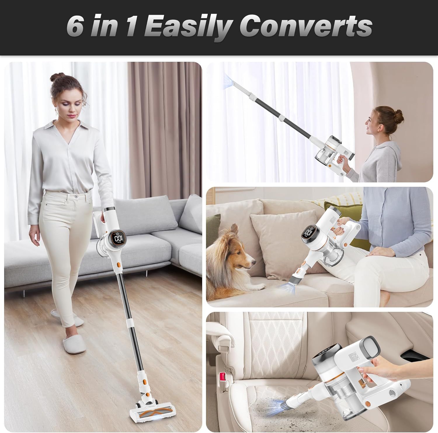 Demonstrates the vacuum's versatility by showing it being used in multiple real-world scenarios—floor cleaning, ceiling/high reach, pet hair removal, and…