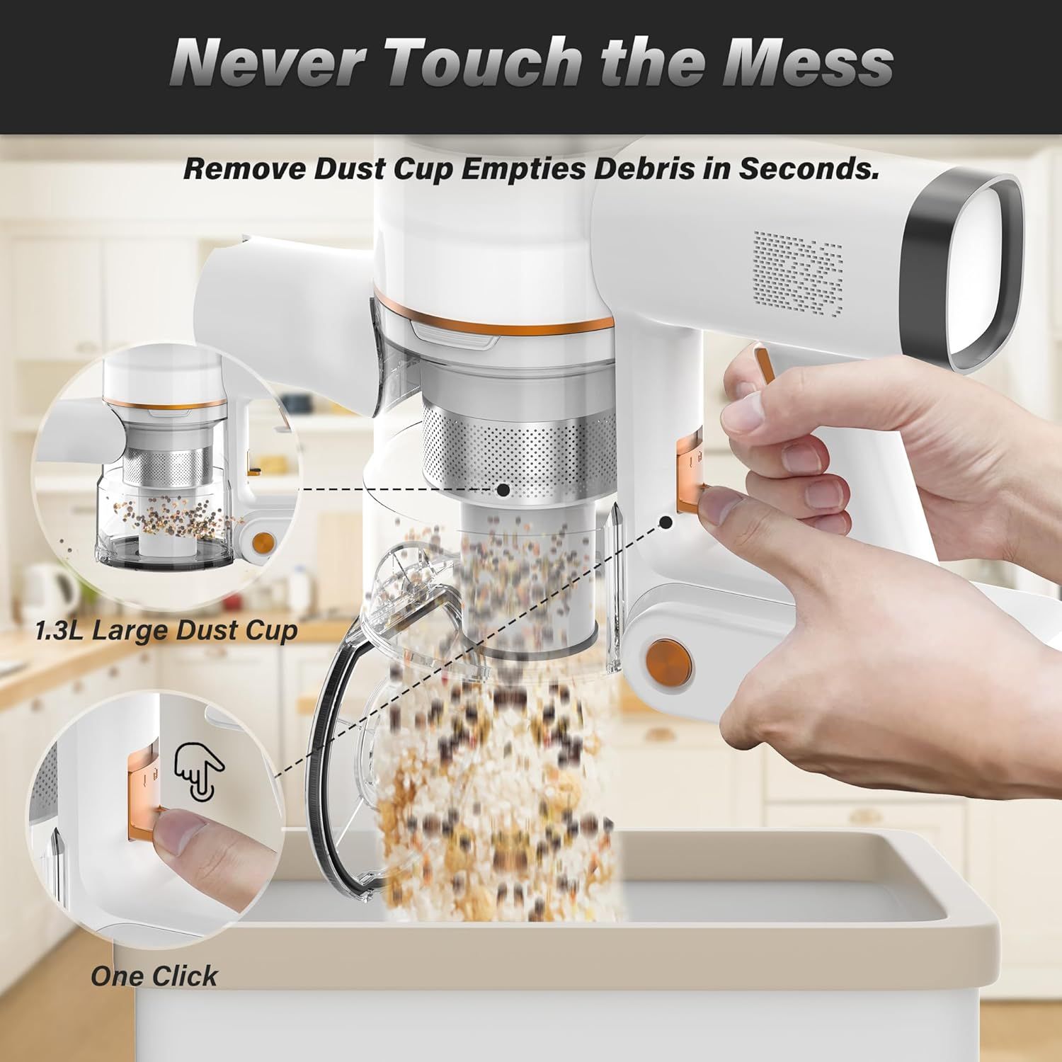 Demonstrates how to empty the dust cup in seconds with a simple one-click mechanism, emphasizing ease of use and mess-free maintenance. Highlights the…
