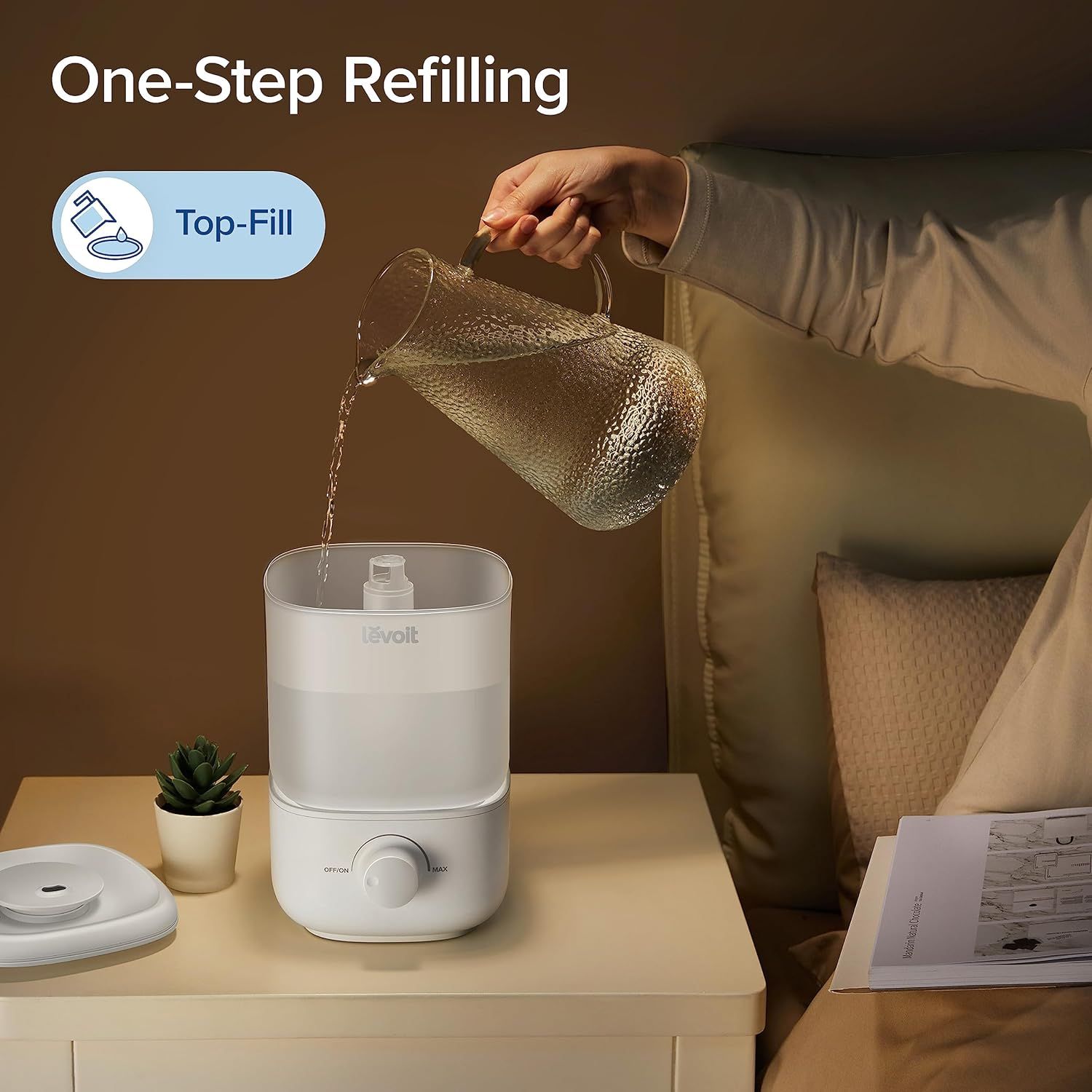 Demonstrates the simple, convenient top-fill refilling process to reassure shoppers that maintaining the humidifier is easy and mess-free. Highlights the…