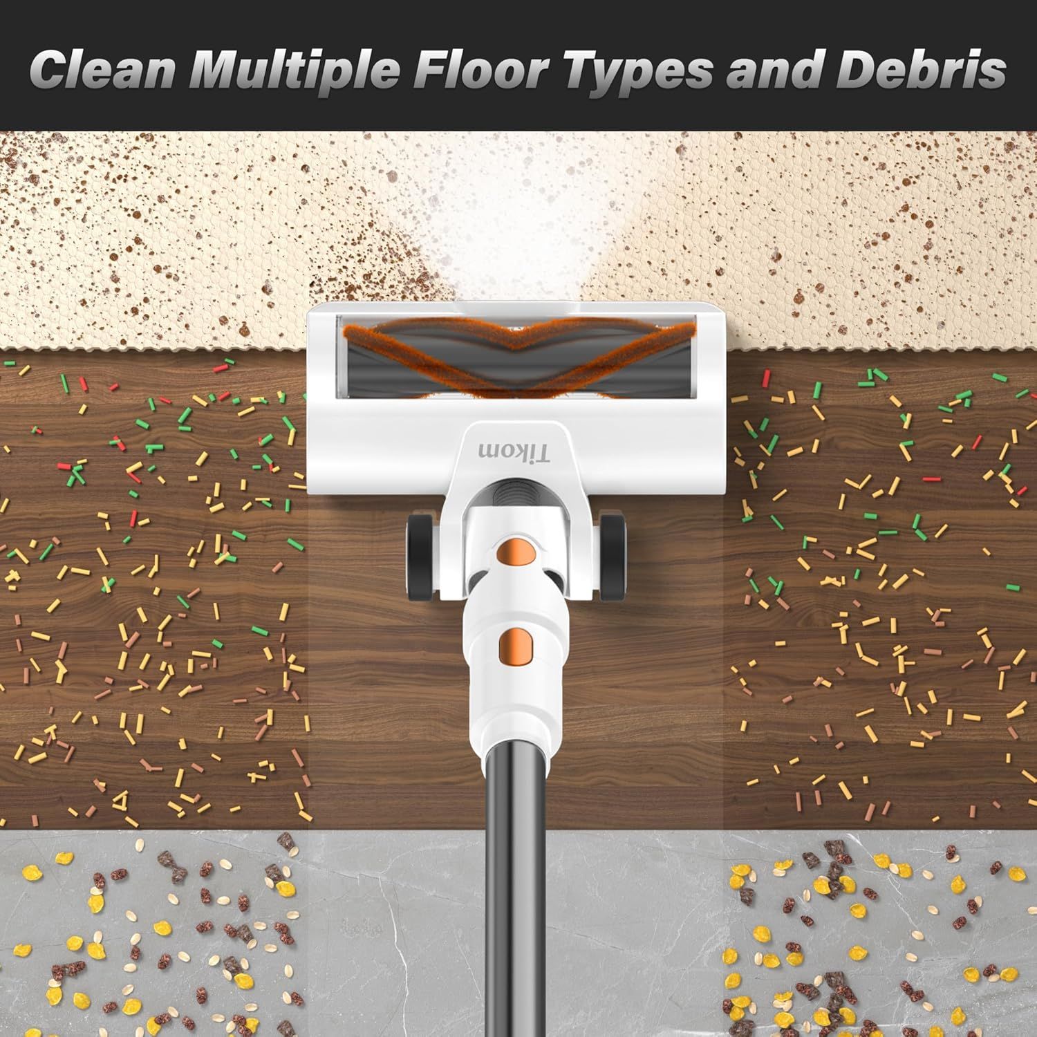 Demonstrates the vacuum's ability to clean multiple floor types (carpet, hardwood, tile) and handle various debris types, reassuring shoppers of its…