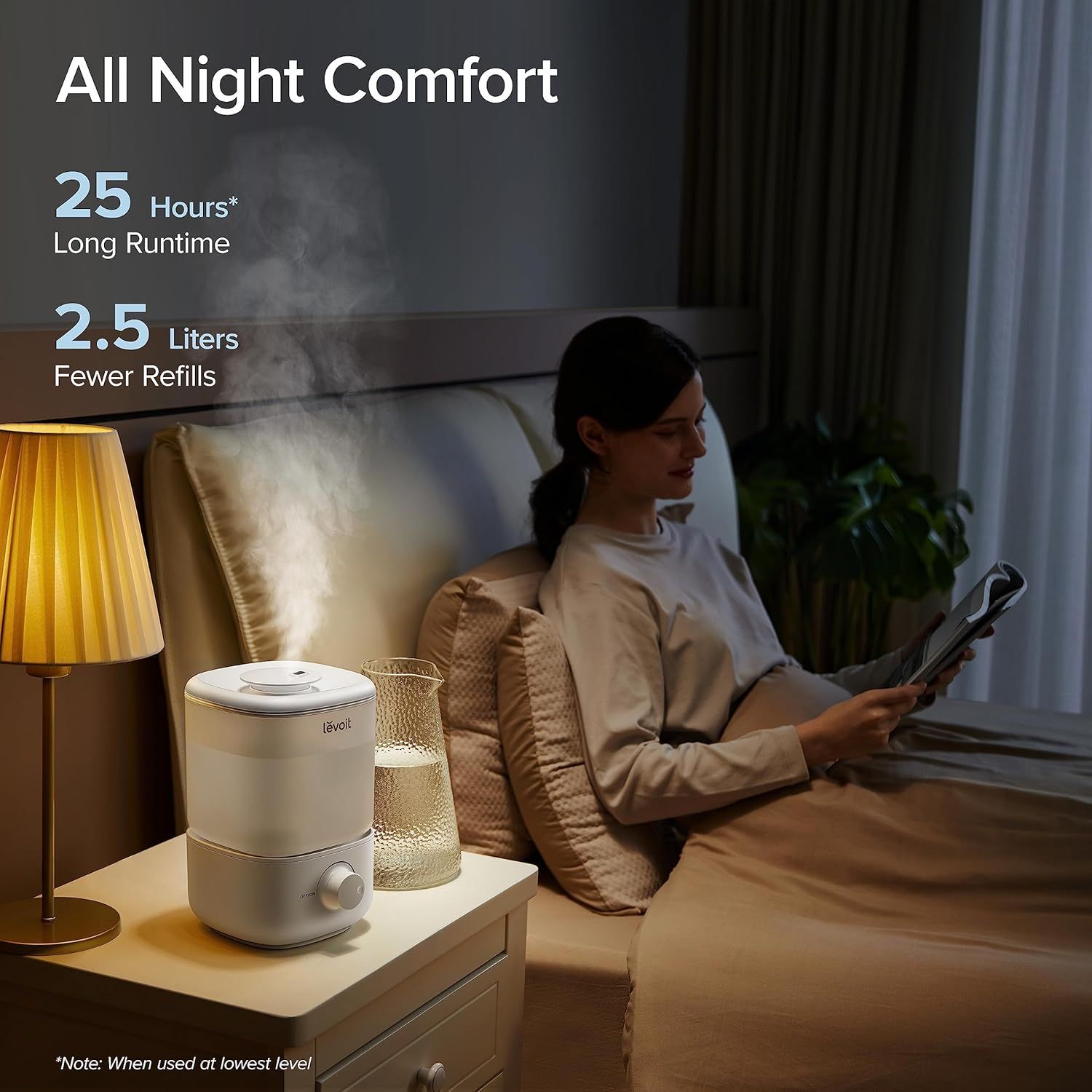 Communicates two key performance benefits—extended runtime and large water capacity—to reassure shoppers that the humidifier provides all-night comfort with…