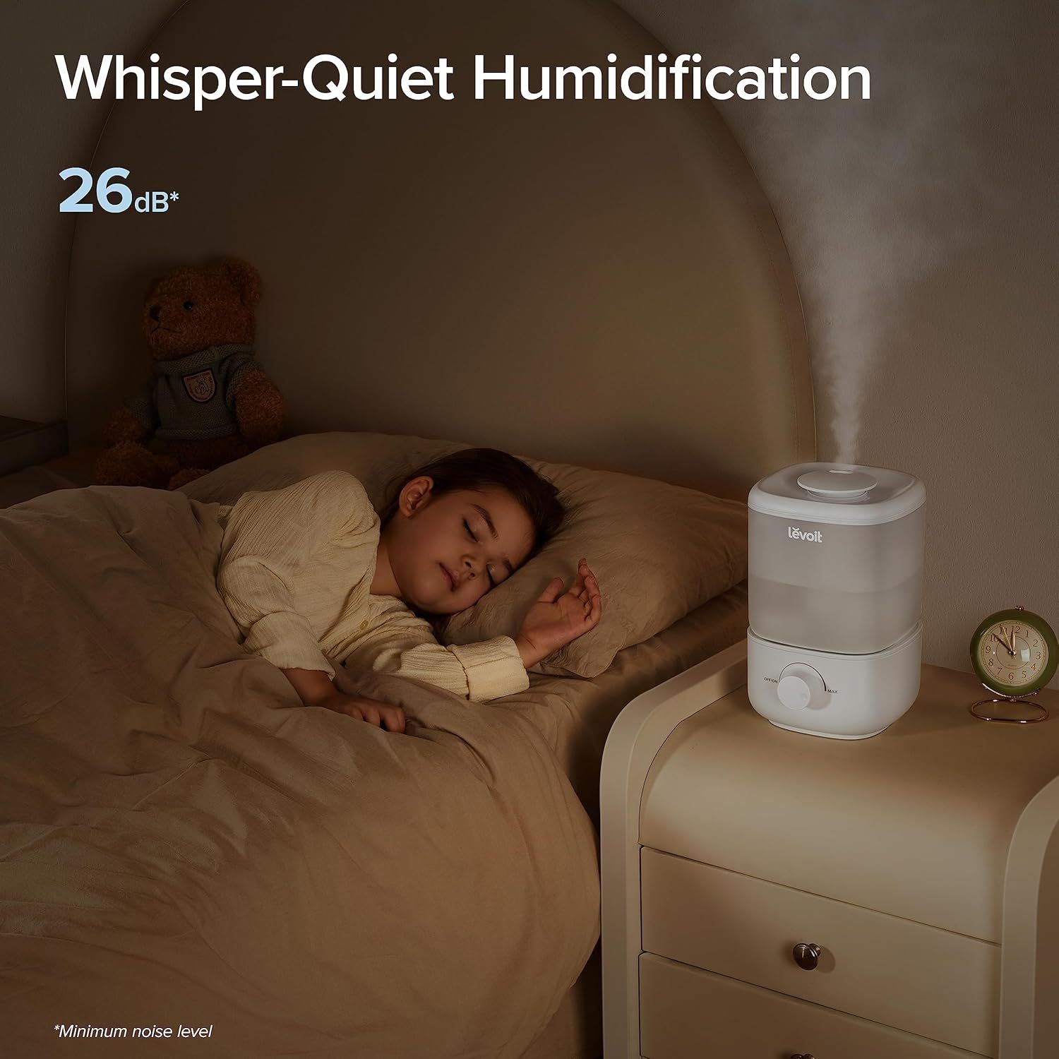 Communicates the humidifier's ultra-quiet 26dB noise level to reassure parents that it won't disturb their child's sleep. Demonstrates the product's quiet…