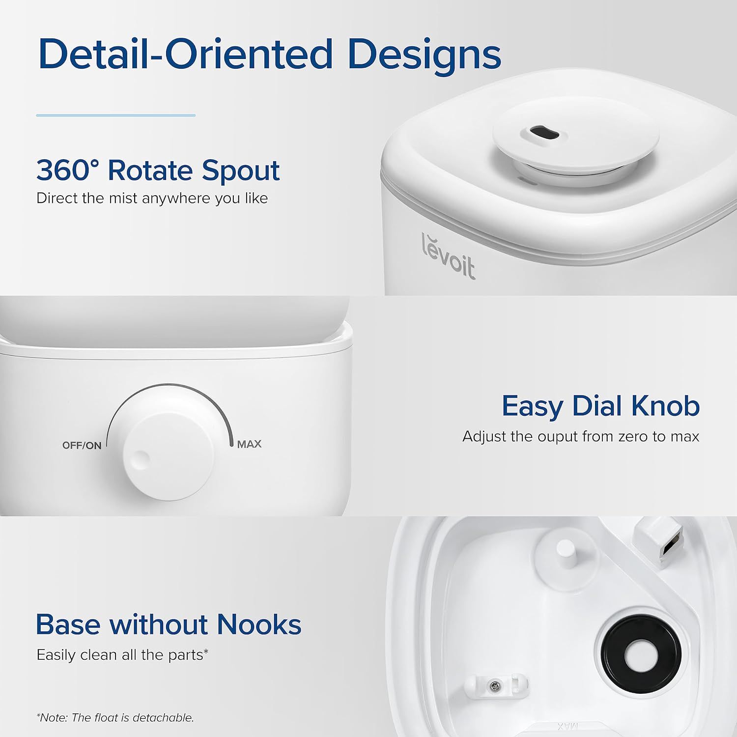 Highlights the key physical design features of the humidifier to show shoppers the thoughtful engineering and ease of use built into the product. Communicates…