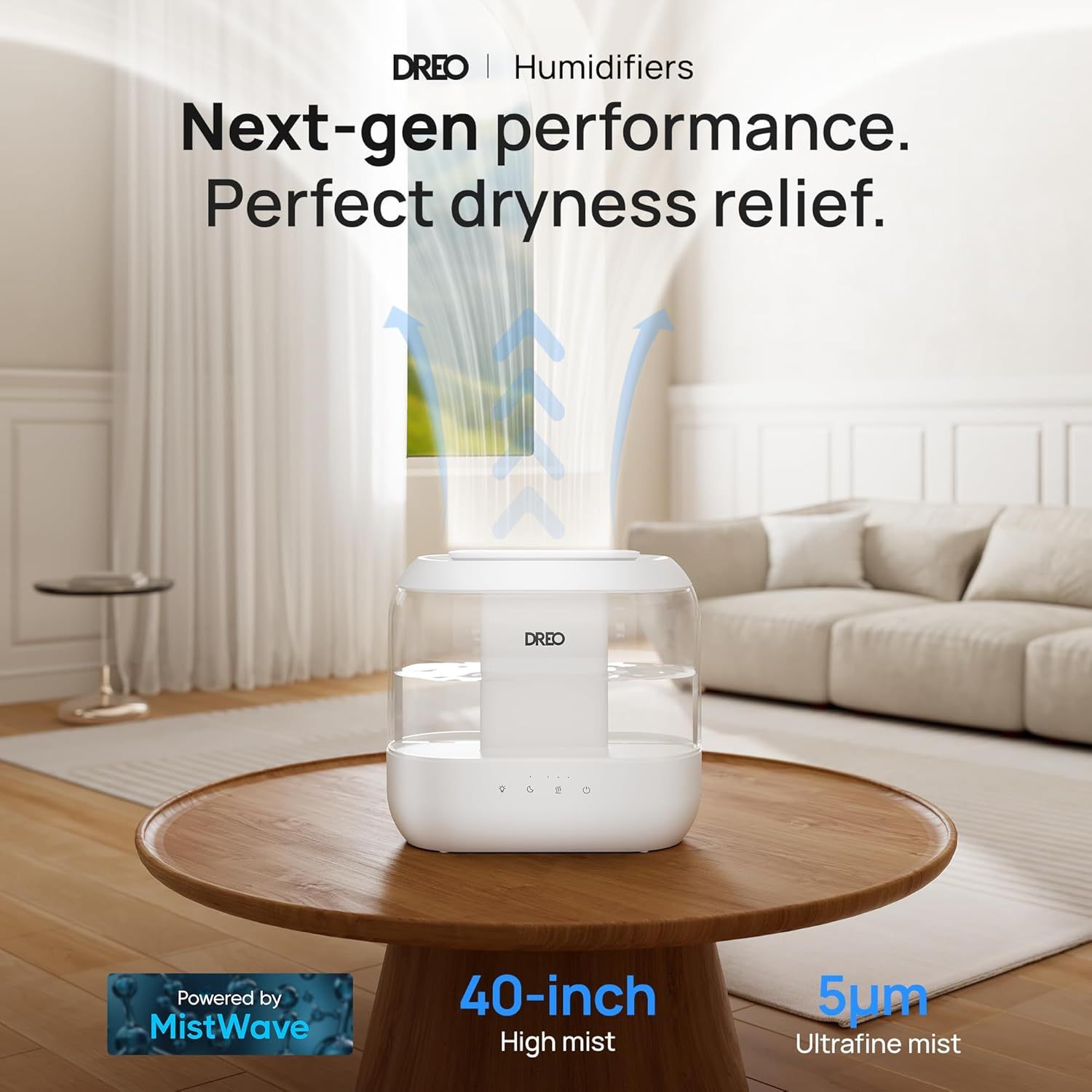Communicates multiple performance benefits of the humidifier including proprietary technology, mist height reach, and particle size to demonstrate superior…