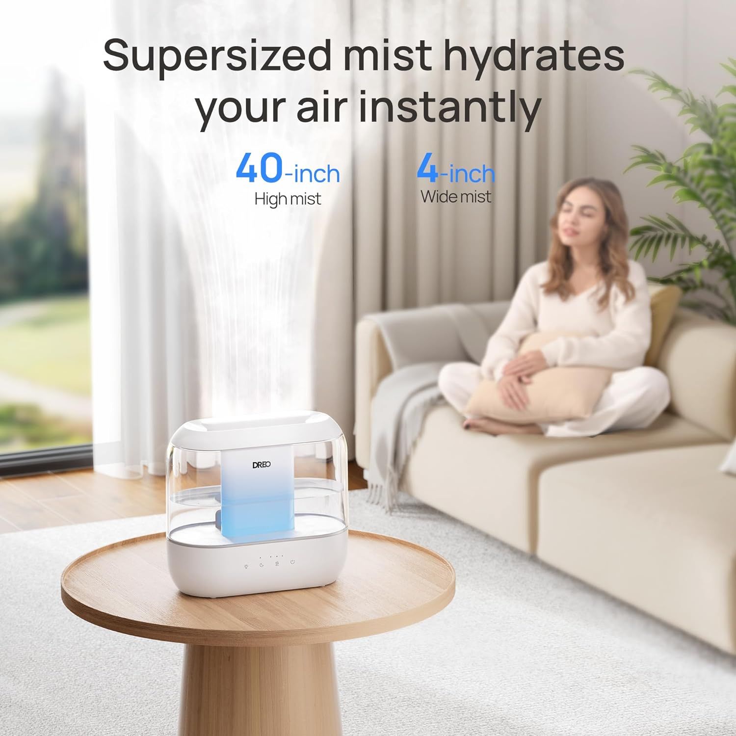 Communicates the product's impressive mist output capabilities with specific measurements (40-inch high mist and 4-inch wide mist) to demonstrate powerful and…