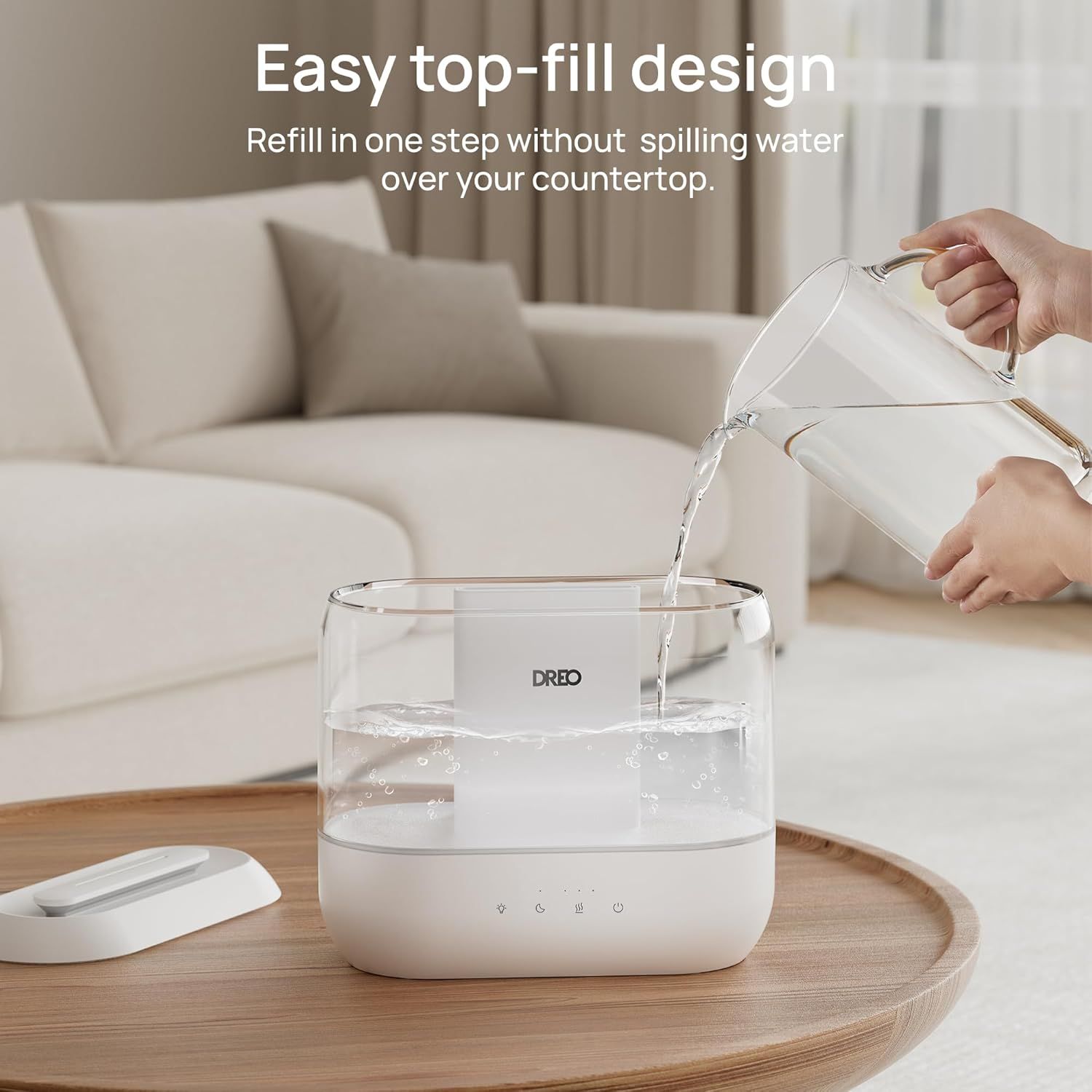 Demonstrates the convenience of the top-fill design, reassuring shoppers that refilling is simple, mess-free, and can be done in one step without spilling…