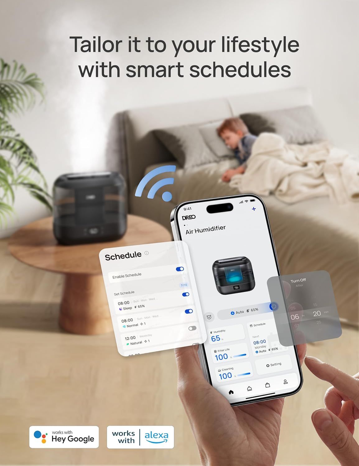 Demonstrates how to use the smart app to schedule and control the air humidifier, reassuring shoppers that the product is easy to customize and integrate into…