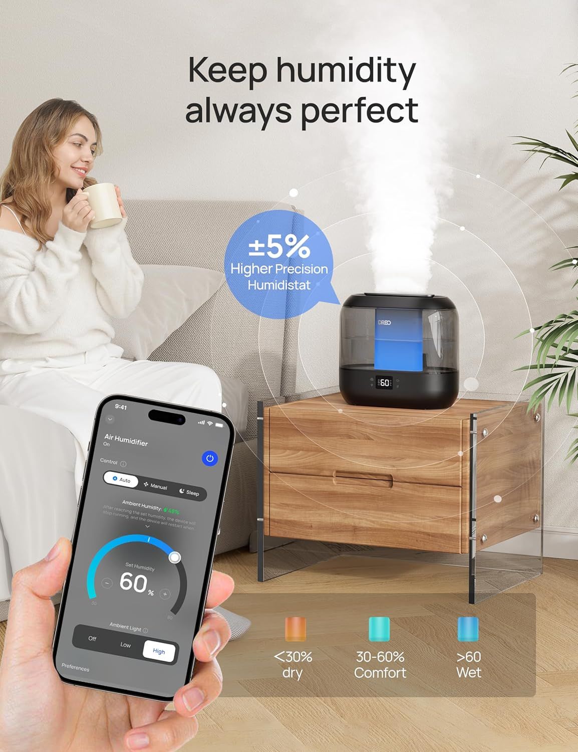 Communicates the product's precise humidity control capability with a ±5% accuracy metric, reassuring shoppers that the humidifier maintains optimal humidity…
