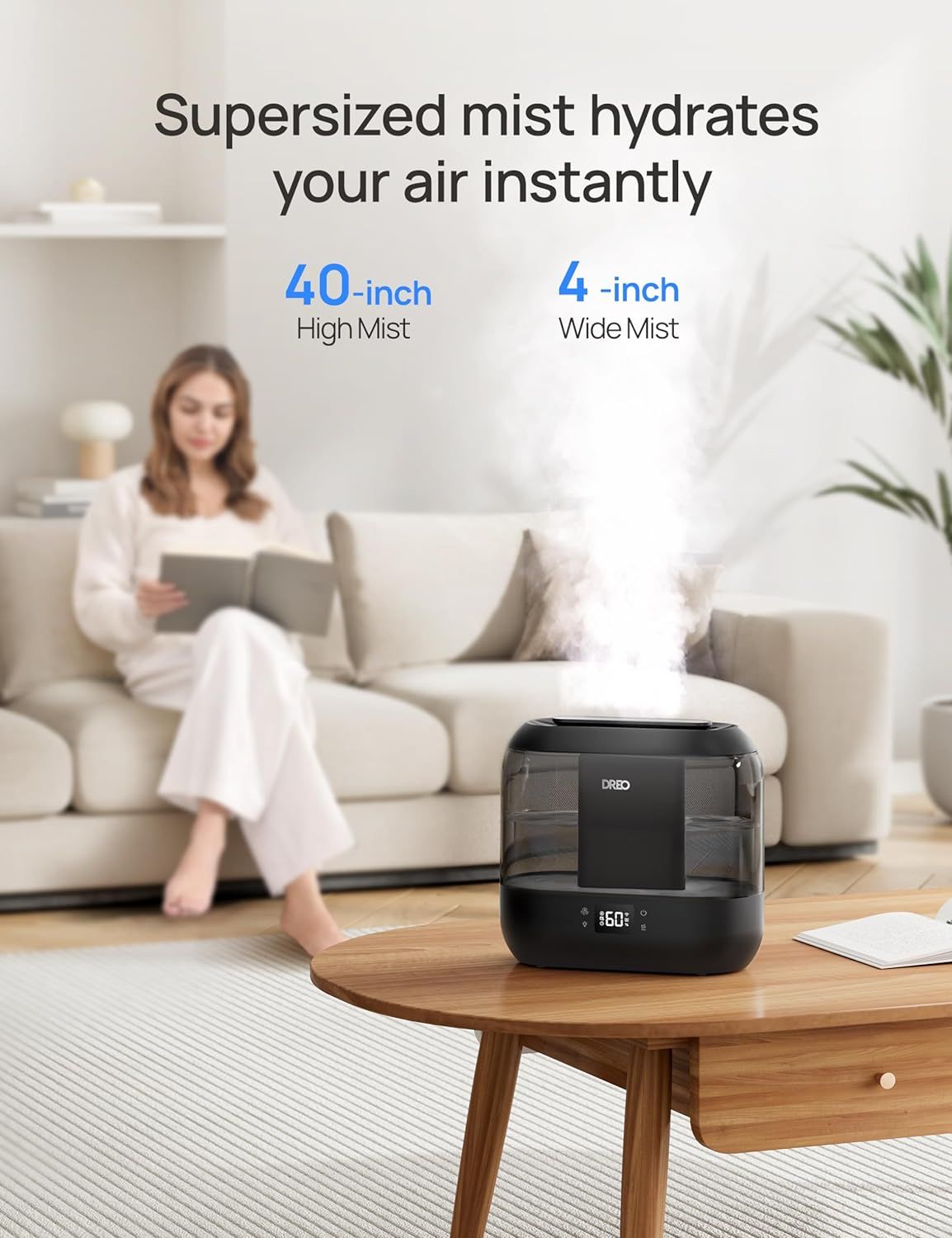 Communicates the humidifier's powerful mist output capabilities using specific measurements to demonstrate performance and coverage effectiveness. Shows the…