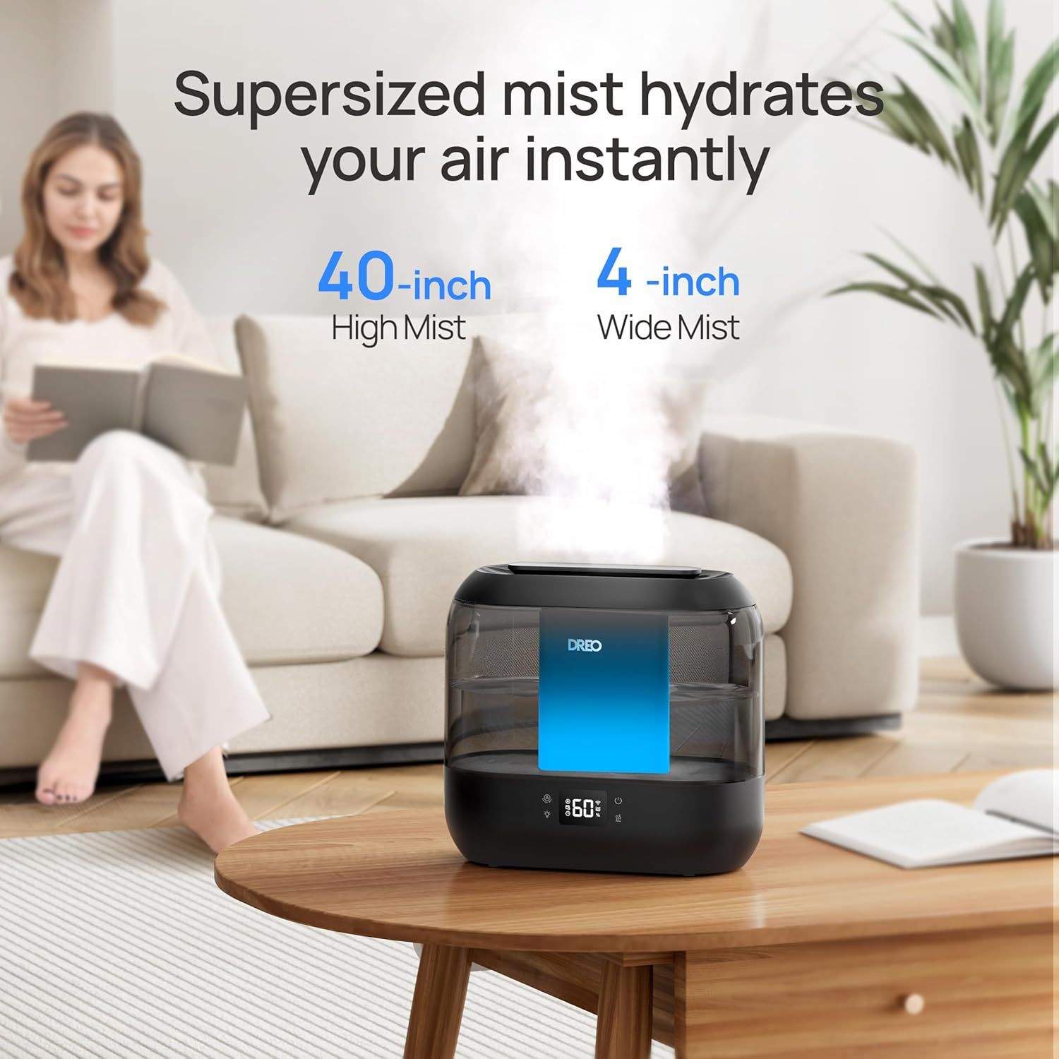 Communicates the humidifier's powerful mist output capabilities with specific measurements to reassure shoppers of its effectiveness in hydrating large…