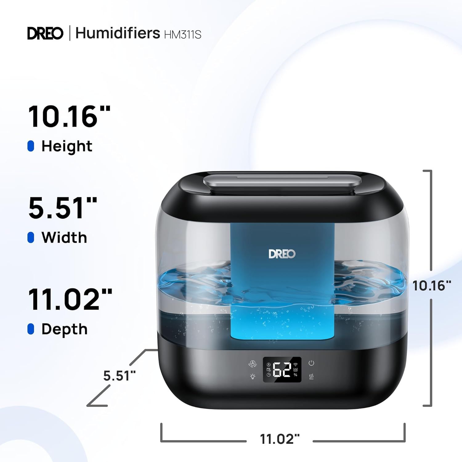 Communicates the exact physical dimensions of the humidifier (height, width, depth) to help shoppers understand how much space it will occupy and whether it…