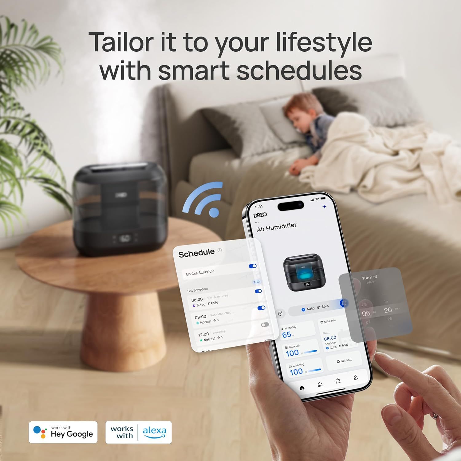 Communicates the product's smart scheduling capability and app-based control, reassuring shoppers that the air humidifier can be customized to fit their lifestyle and automated for convenience.