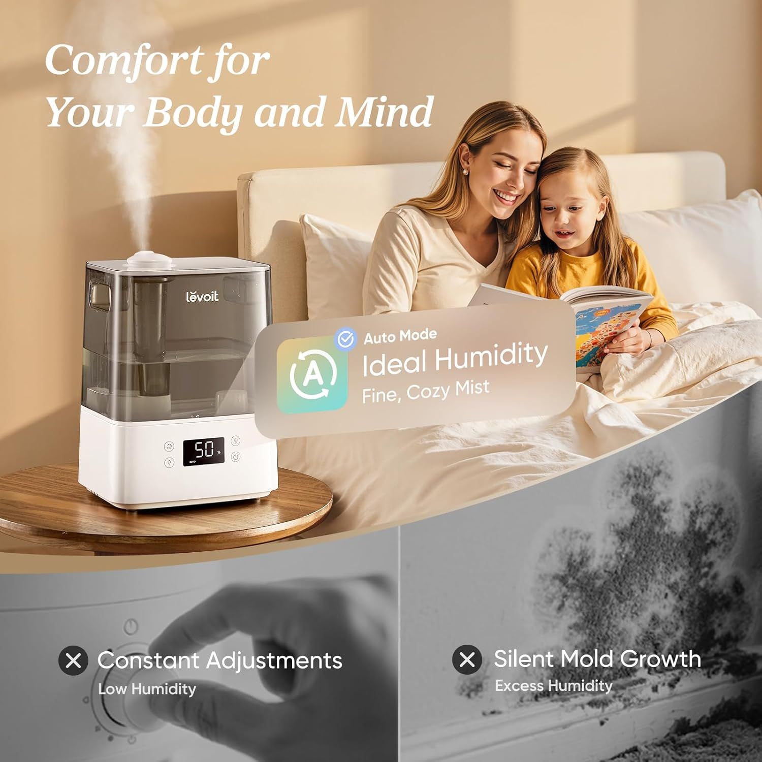 Communicates multiple benefits of the humidifier's auto mode feature, showing how it maintains ideal humidity to provide comfort while preventing problems…