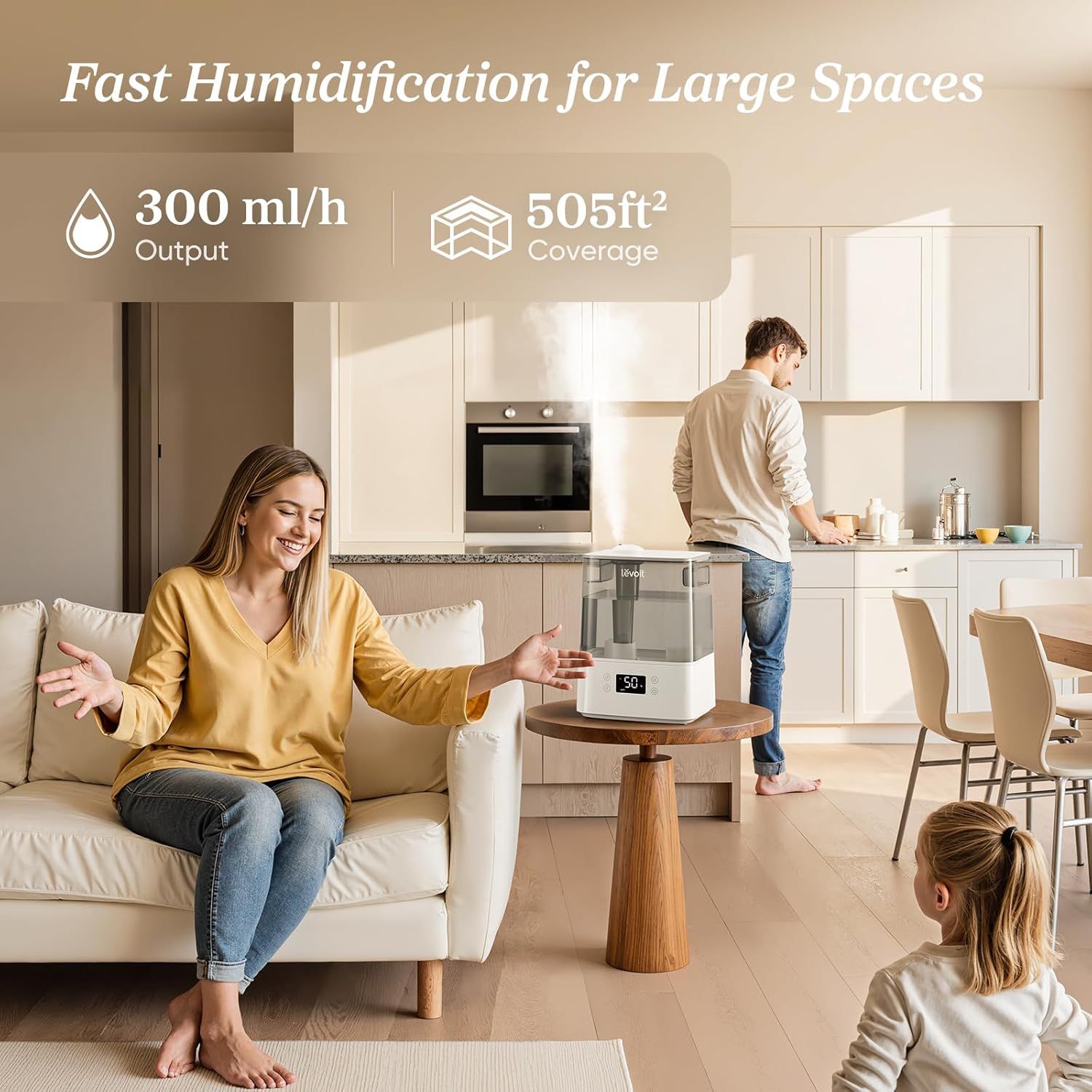 Communicates the humidifier's high output capacity and large coverage area to reassure shoppers it can effectively humidify spacious rooms quickly.…