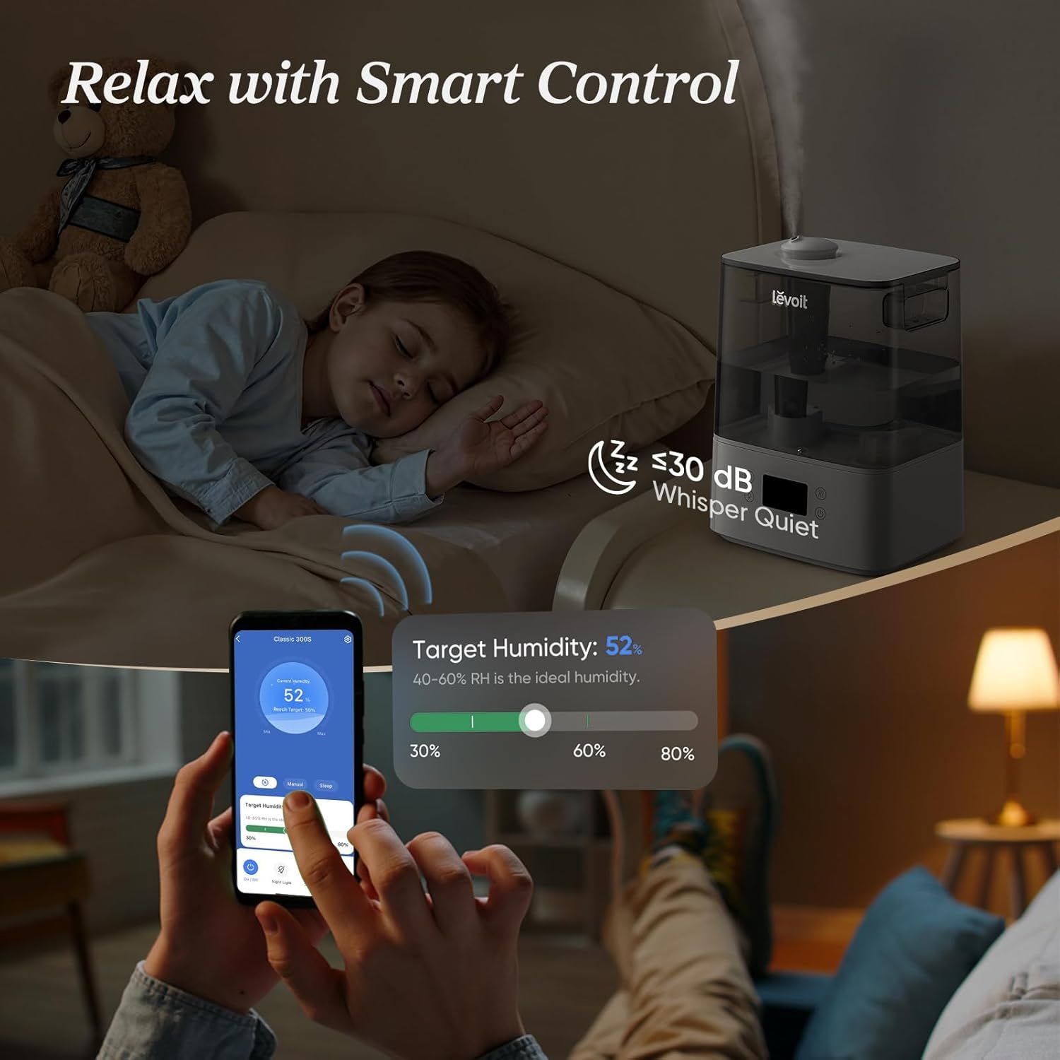 Demonstrates multiple key benefits of the humidifier including smart app control, quiet operation (≤30 dB), and precise humidity targeting to reassure…