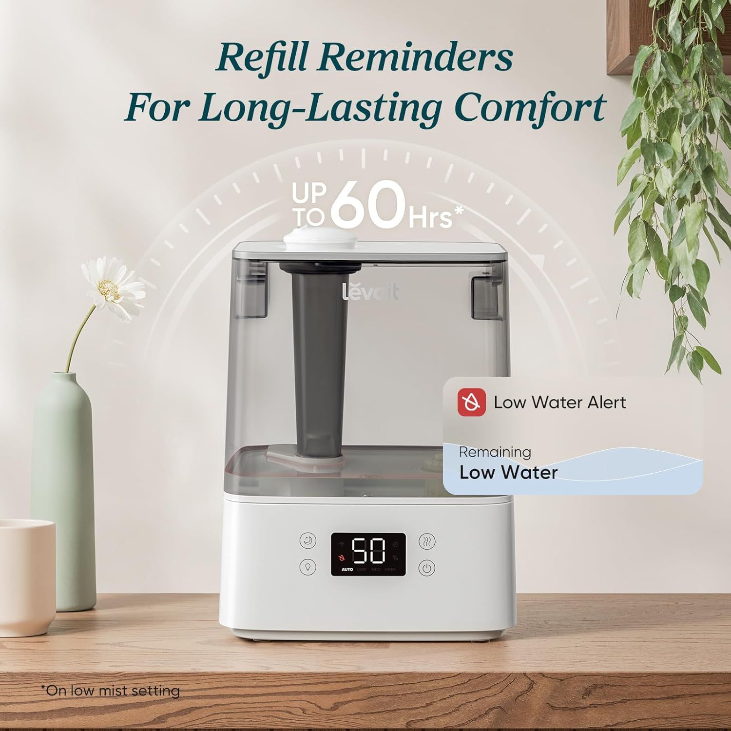 Communicates the product's long-lasting performance with up to 60 hours of operation, reassuring shoppers they won't need frequent refills. Highlights the…