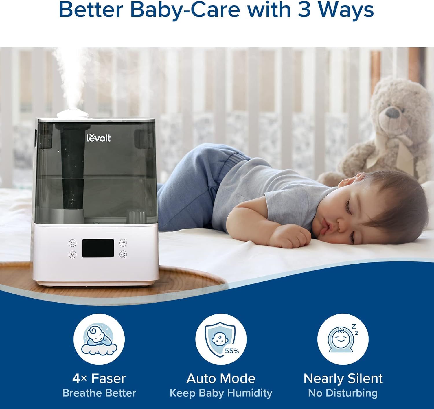 Communicates three distinct benefits of the humidifier in a segmented layout to show parents how it improves baby care through faster operation, automatic…