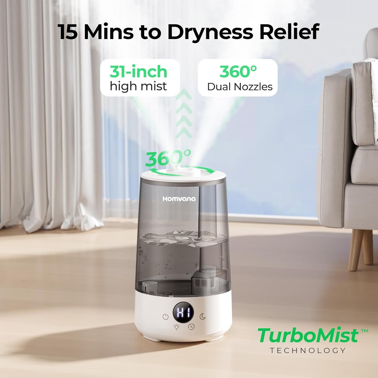 Communicates multiple key benefits of the humidifier including quick relief time, tall mist reach, and comprehensive room coverage to reassure shoppers of its…