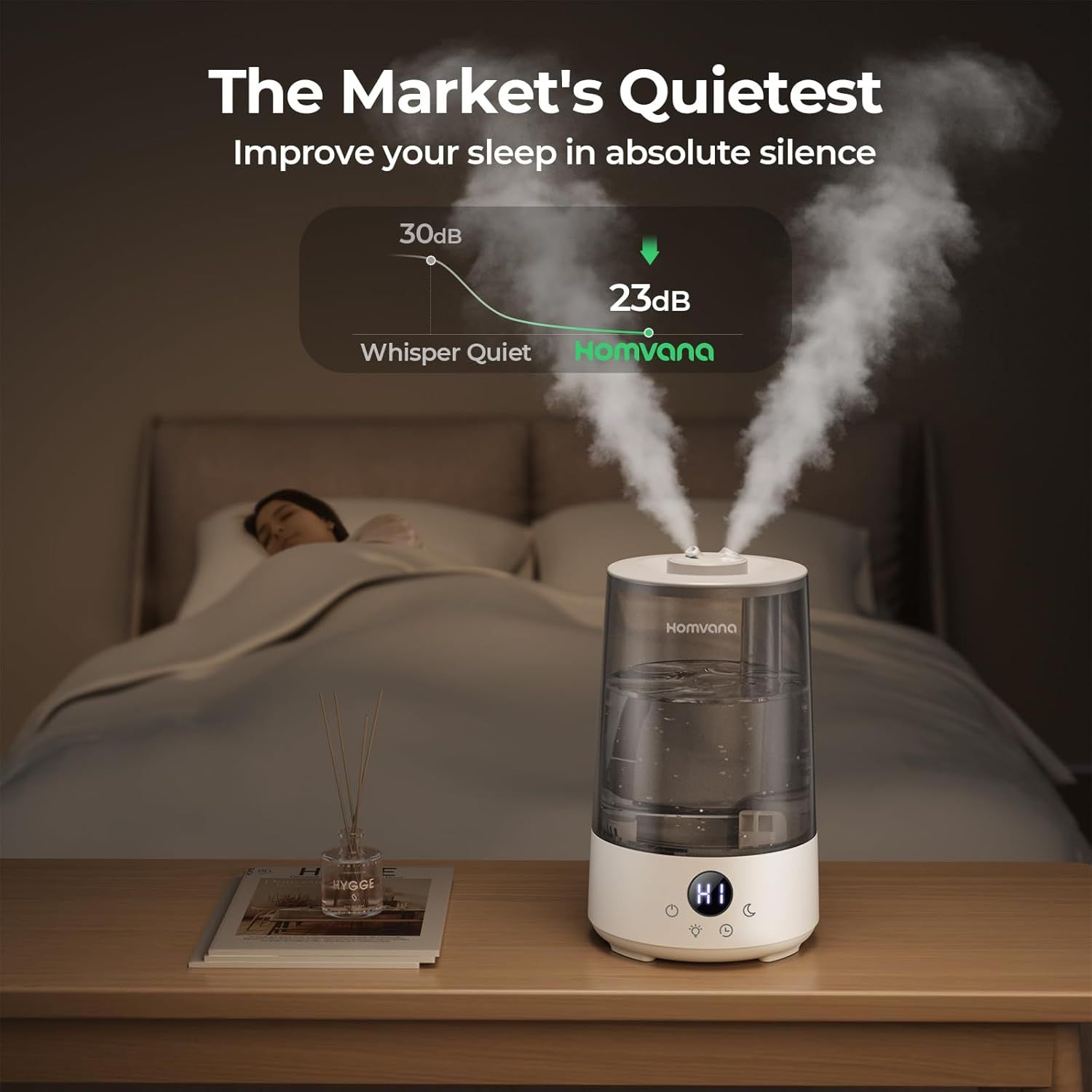 Communicates the product's superior quietness with a quantifiable decibel measurement (23dB vs. 30dB whisper quiet), reassuring shoppers that this humidifier…