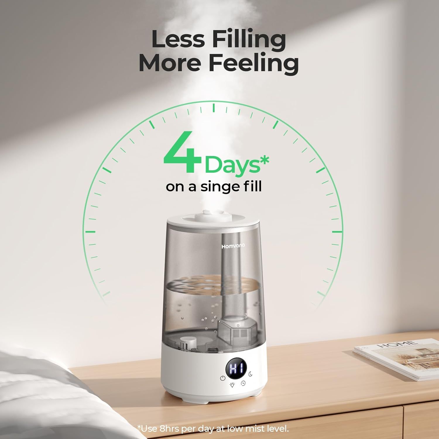Communicates the product's impressive capacity and convenience by highlighting that it can run for 4 days on a single water fill, reducing the need for…