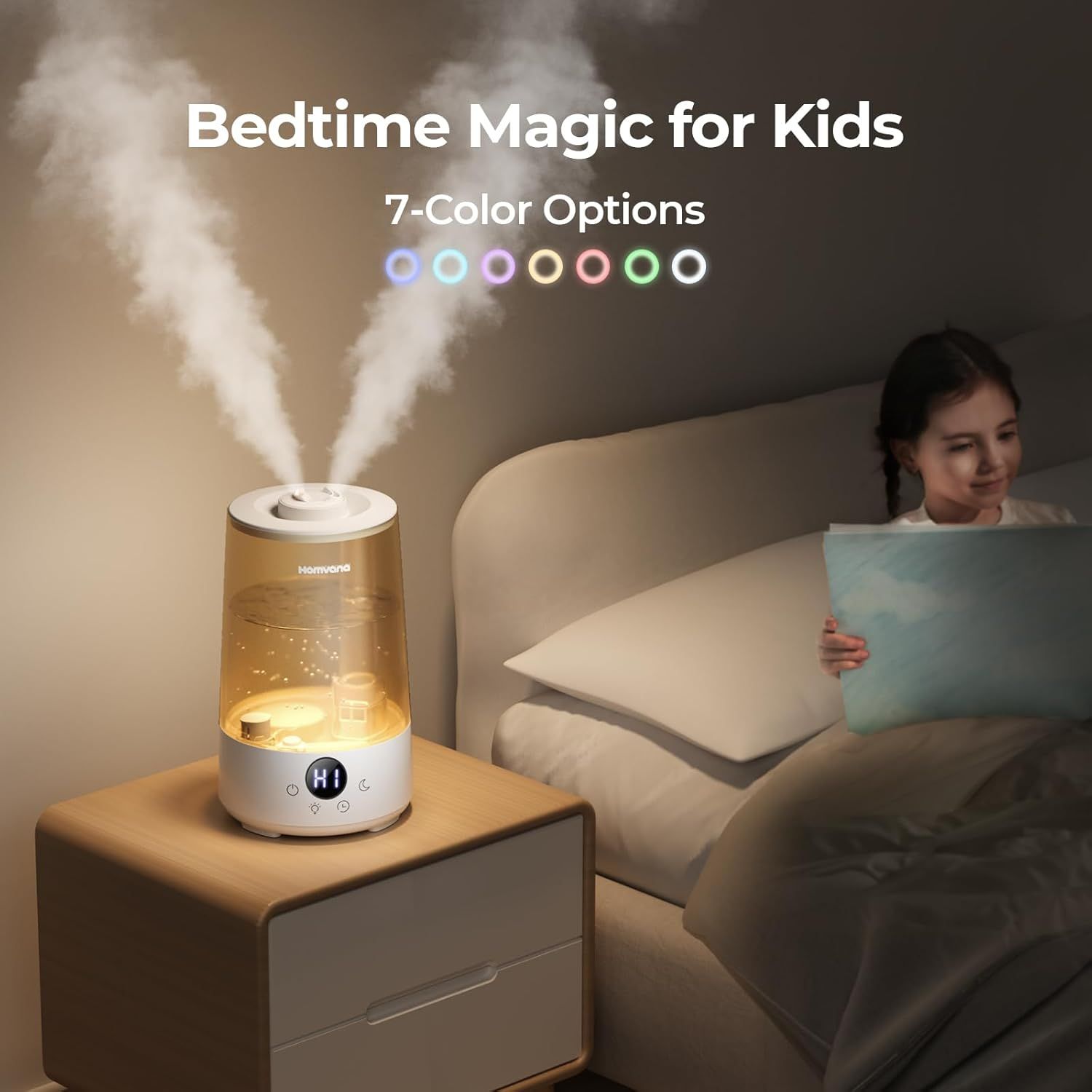 Highlights the product's 7-color lighting options to communicate customization and create a soothing bedtime environment for kids.
