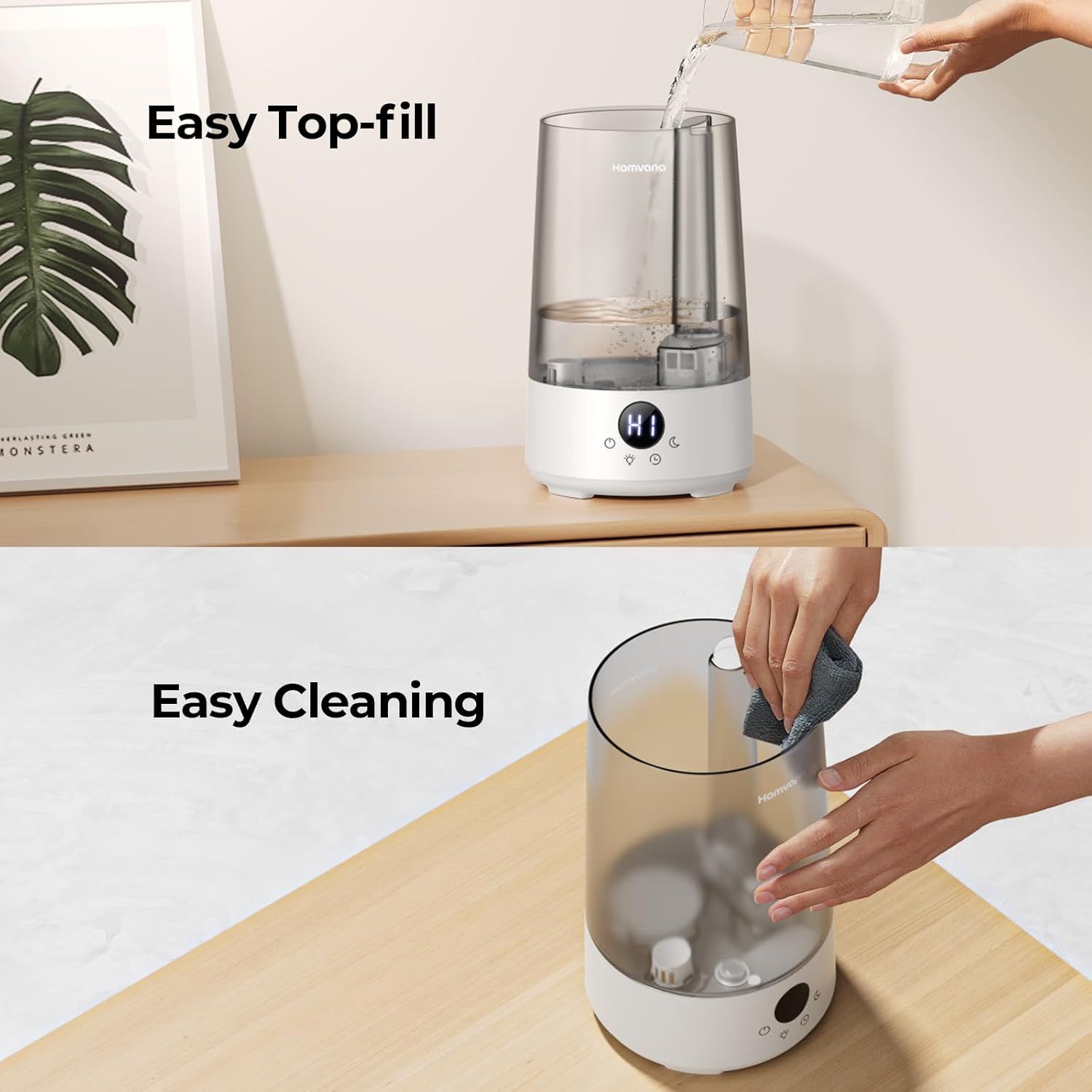 Demonstrates two key convenience features of the humidifier: the ability to refill water from the top without disassembly, and the ease of cleaning the unit,…