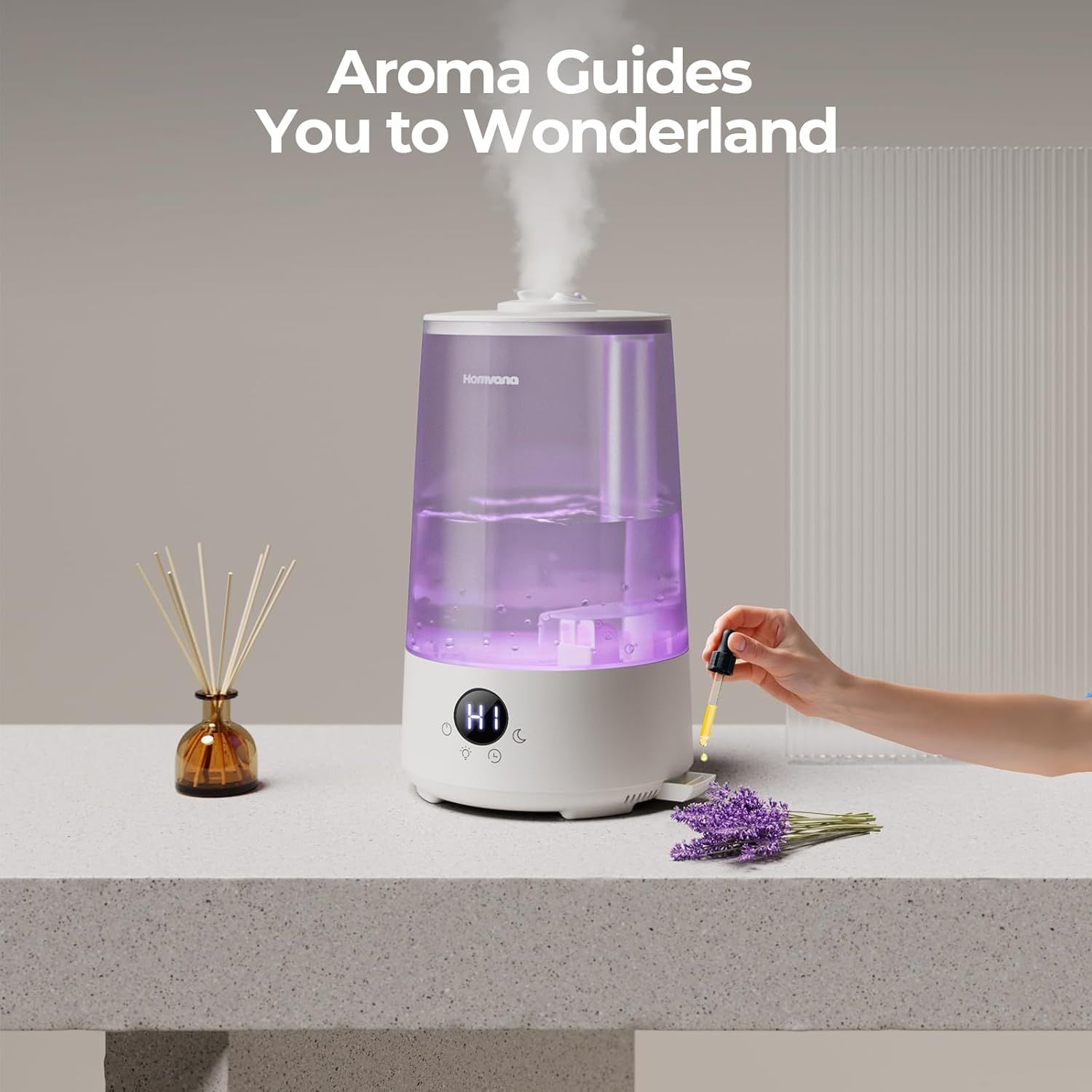 Showcases the humidifier in a real-world home setting with aromatherapy elements to help shoppers visualize the product creating a relaxing, spa-like…