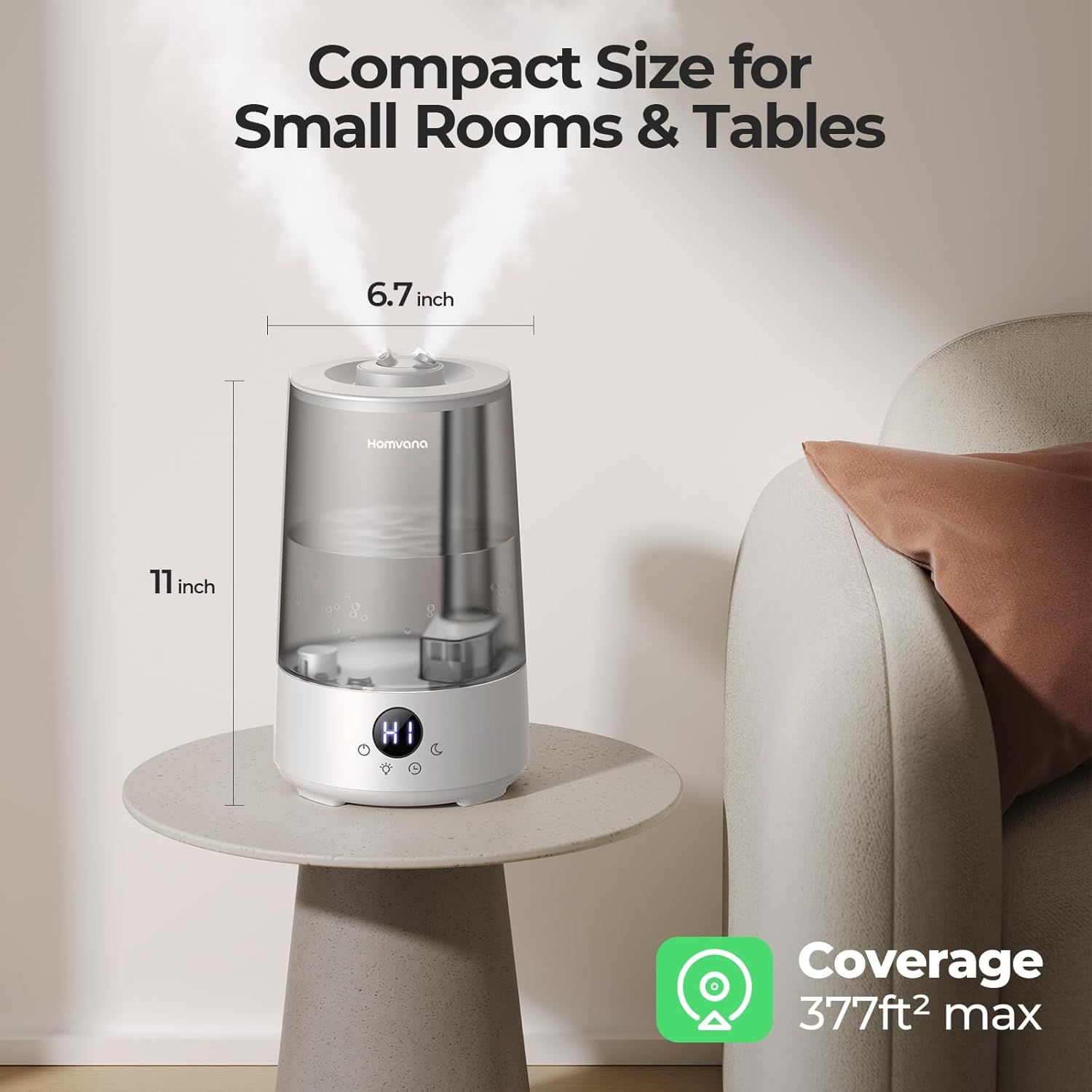 Communicates the product's compact physical dimensions (6.7 x 11 inches) to reassure shoppers it will fit in small spaces like bedrooms, offices, or side…