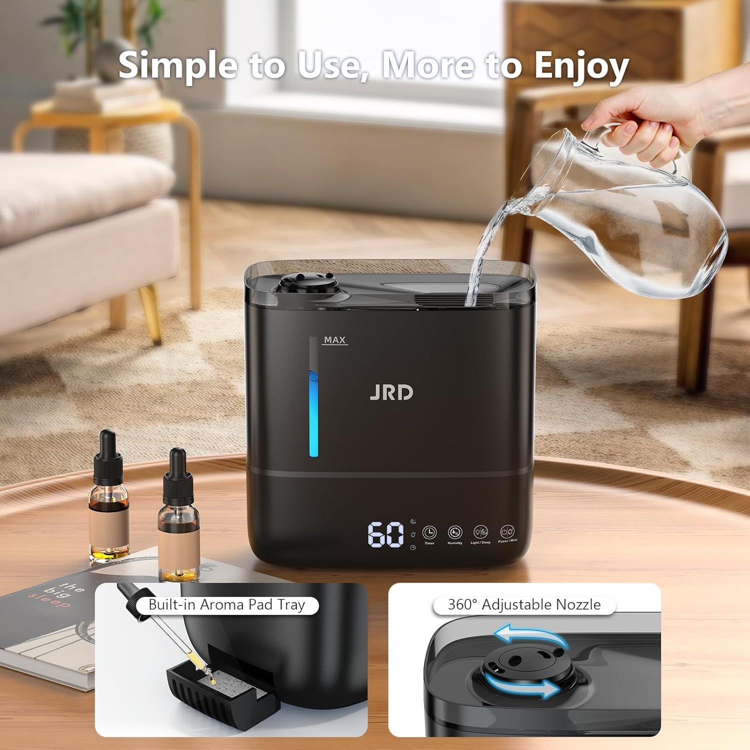 Communicates multiple distinct benefits of the humidifier in a segmented layout: ease of use, aromatherapy capability, and directional mist control to…