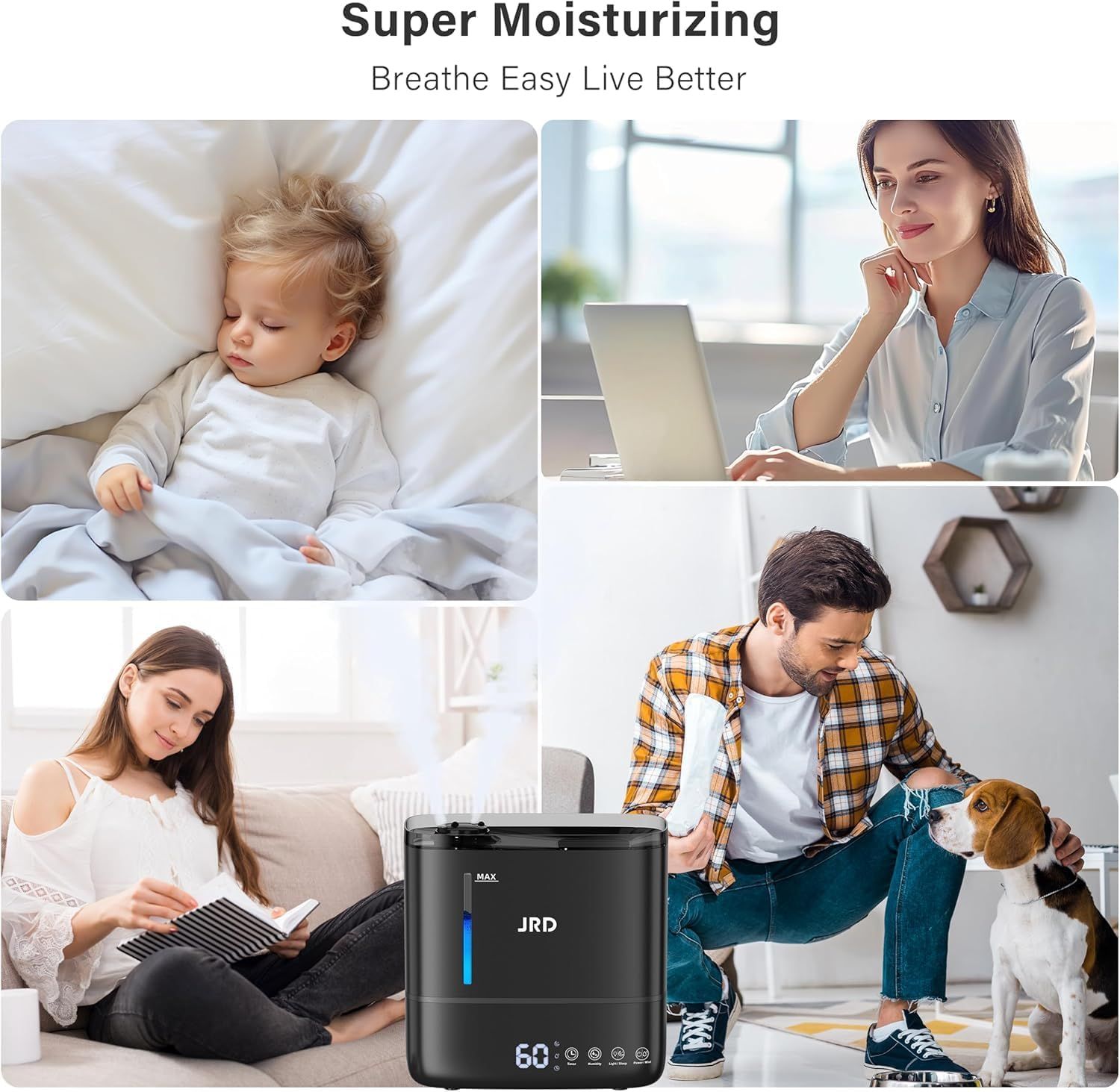 Demonstrates the humidifier's versatility by showing it being used in multiple real-world scenarios—child's bedroom, home office, living room, and with…