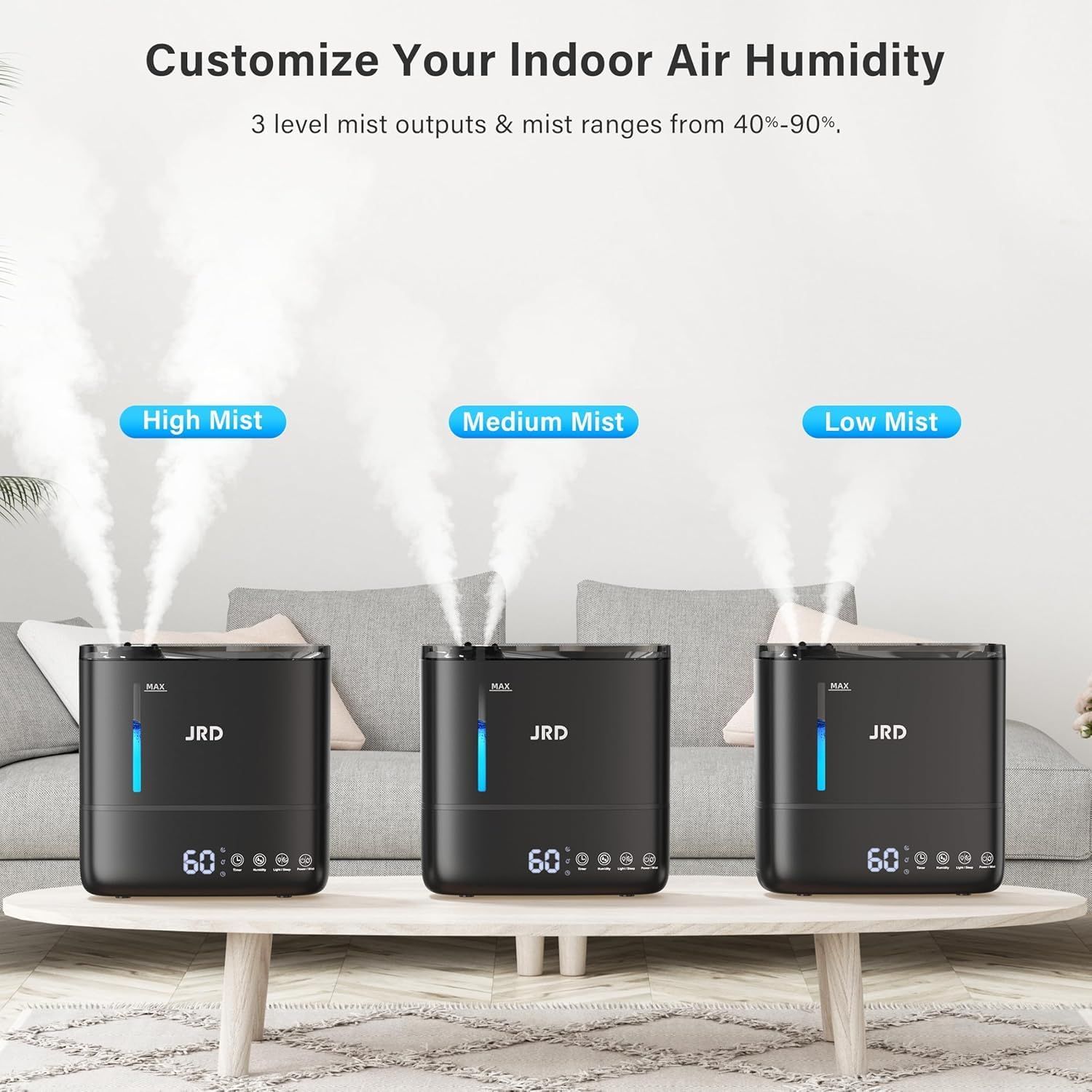 Demonstrates the product's adjustable mist output feature, showing shoppers they can customize humidity levels from 40%-90% with three distinct settings…