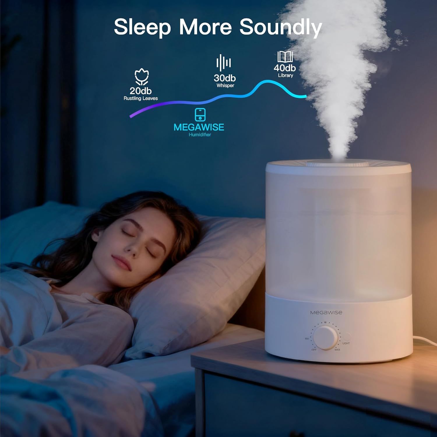 Communicates that the humidifier operates quietly (20-30db range) to promote better sleep, reassuring shoppers that it won't disturb rest. Highlights the…