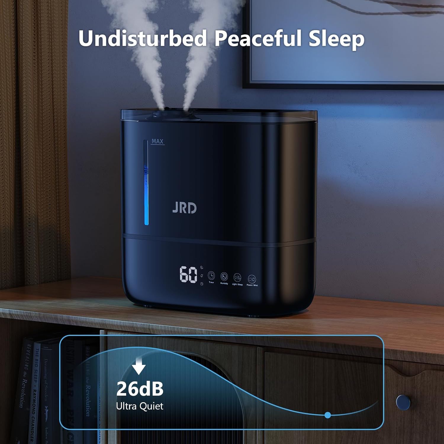 Communicates the humidifier's ultra-quiet operation at 26dB to reassure shoppers they can enjoy peaceful, undisturbed sleep. Highlights the product's quiet…