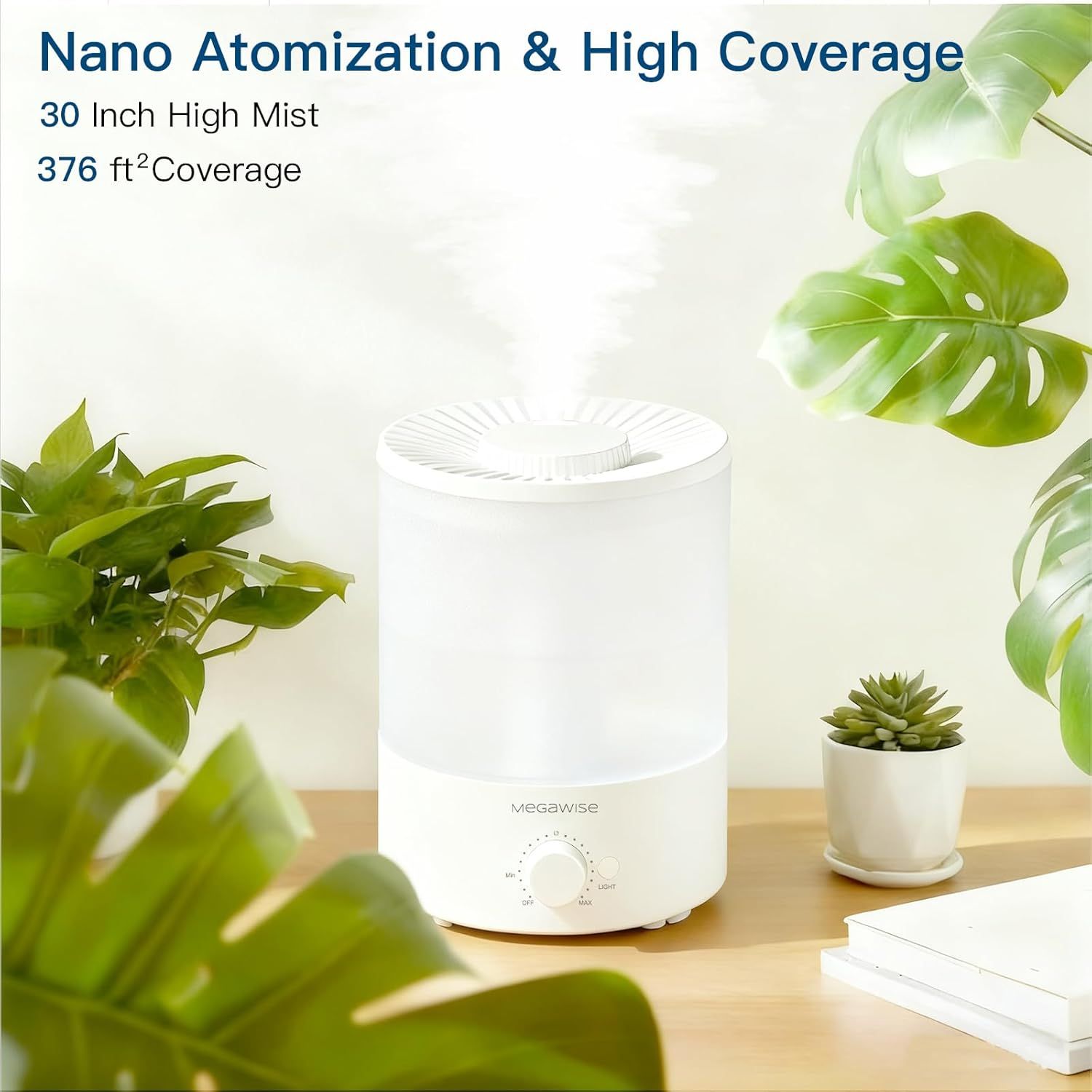 Communicates multiple key performance benefits of the humidifier—nano atomization technology, wide coverage area (376 sq ft), and high mist reach (30…