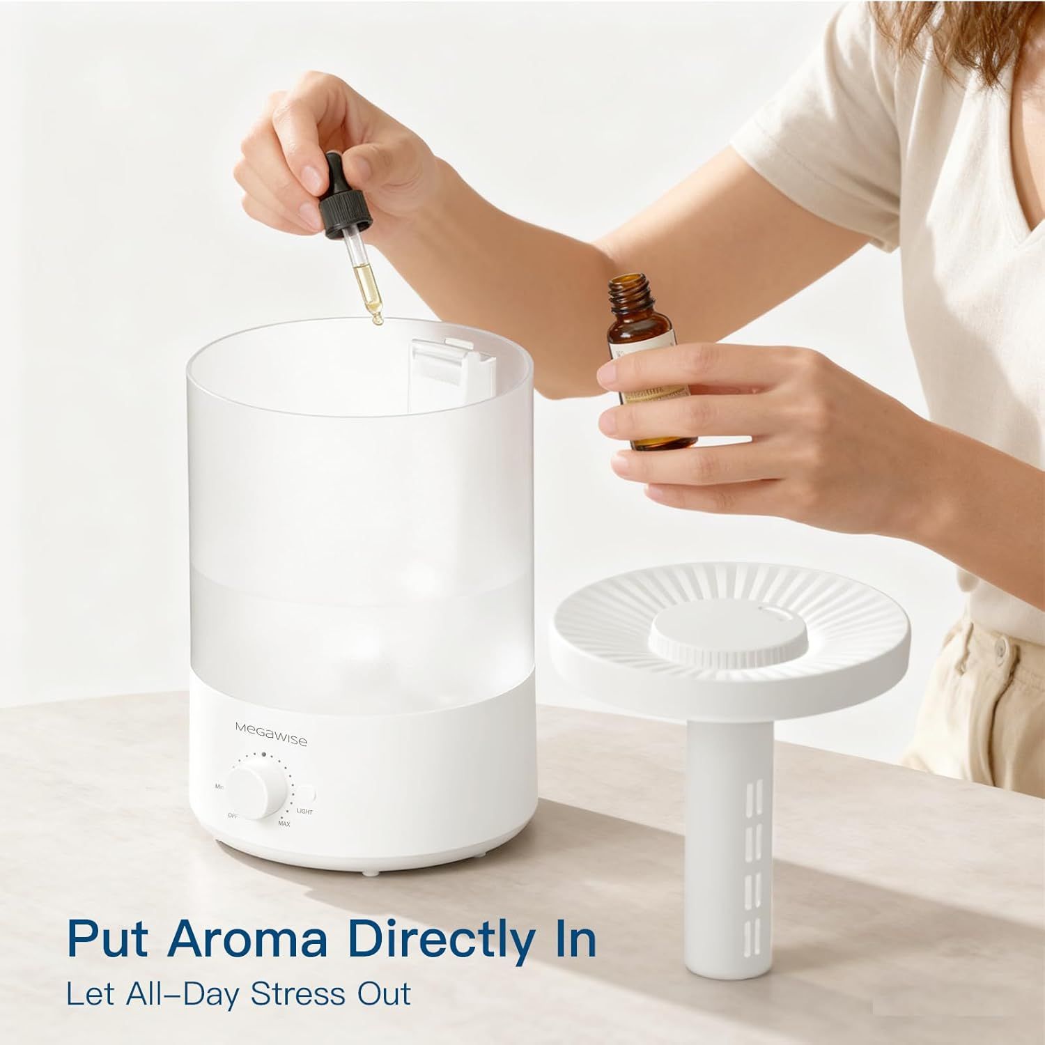 Demonstrates how to use the humidifier by adding essential oils directly into the device, reassuring shoppers that the setup is simple and straightforward.…