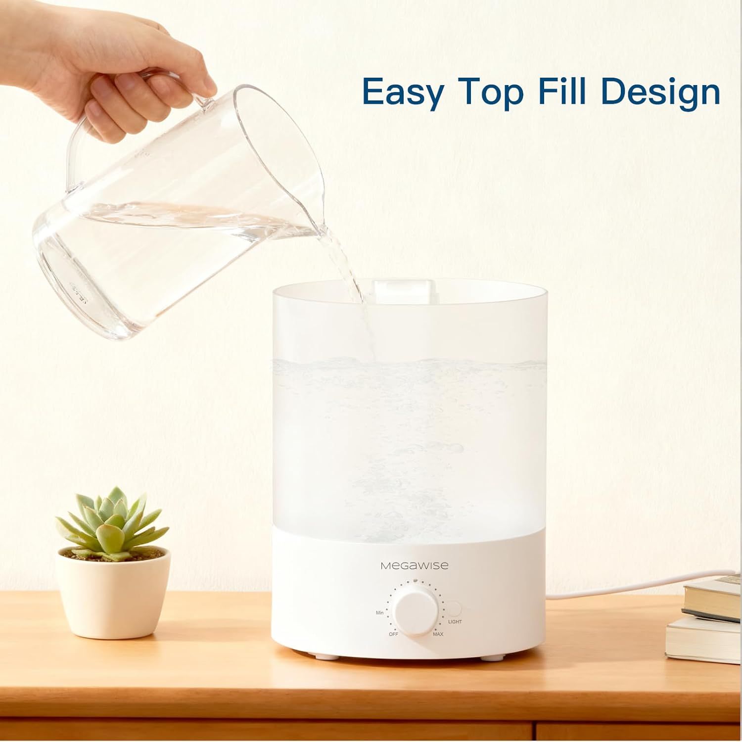 Demonstrates the convenient top-fill feature of the humidifier, showing shoppers how easy it is to refill without removing the tank or dealing with…