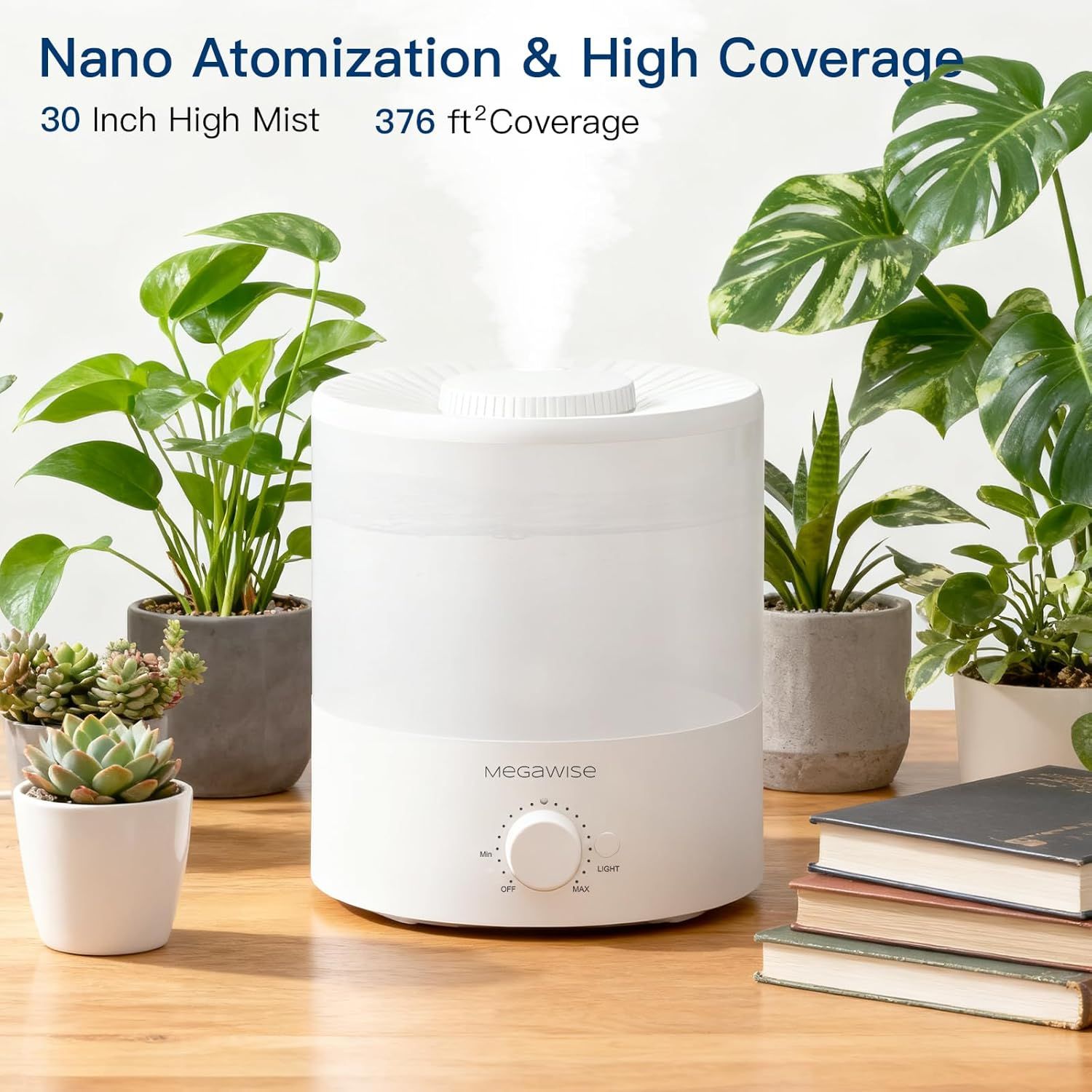 Communicates multiple key performance benefits of the humidifier—nano atomization technology, 30-inch mist height, and 376 sq ft coverage—to demonstrate the…