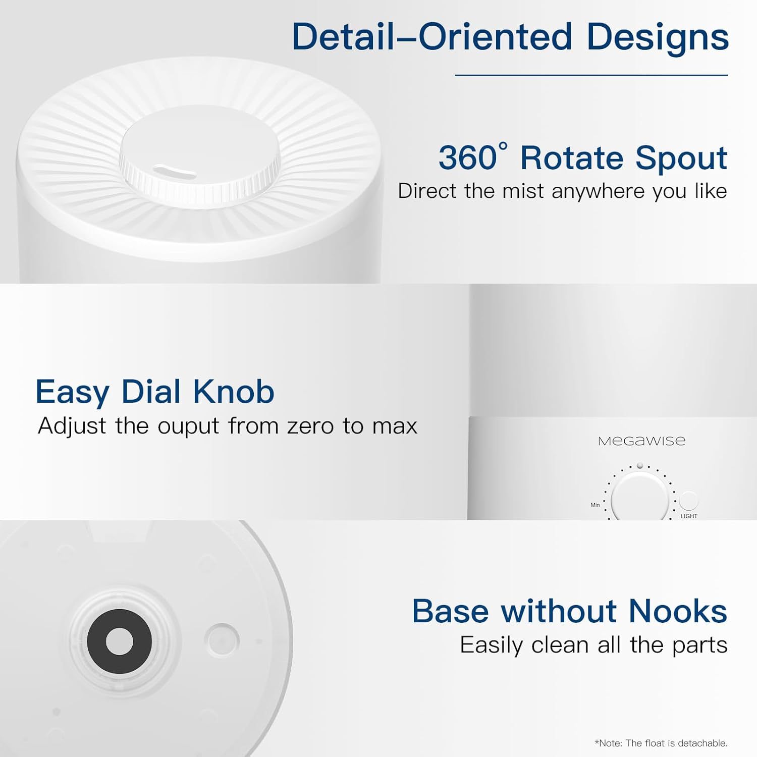 Highlights three distinct design features of the humidifier: directional control, adjustable output, and easy cleaning, to communicate versatility and…