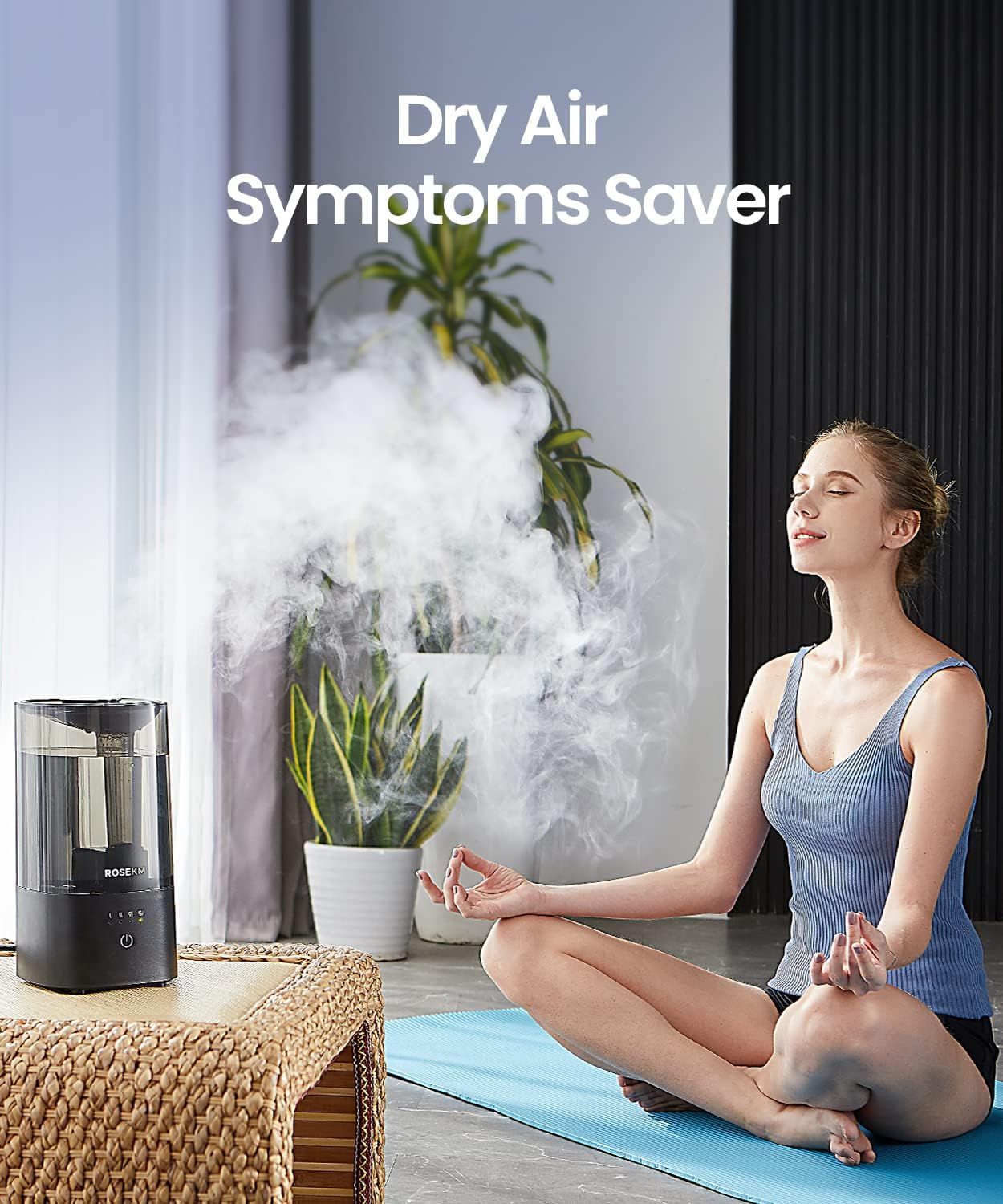 Communicates that the humidifier alleviates dry air symptoms, providing comfort and wellness benefits to shoppers concerned about indoor air quality.