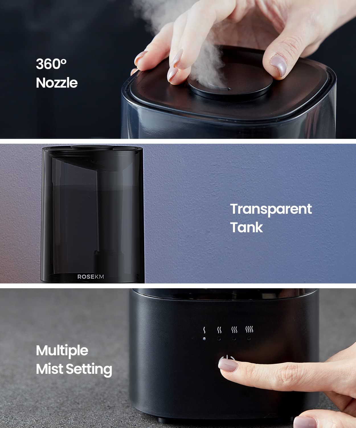 Showcases three distinct product features in a segmented layout to communicate the humidifier's versatility, ease of monitoring water levels, and customizable…
