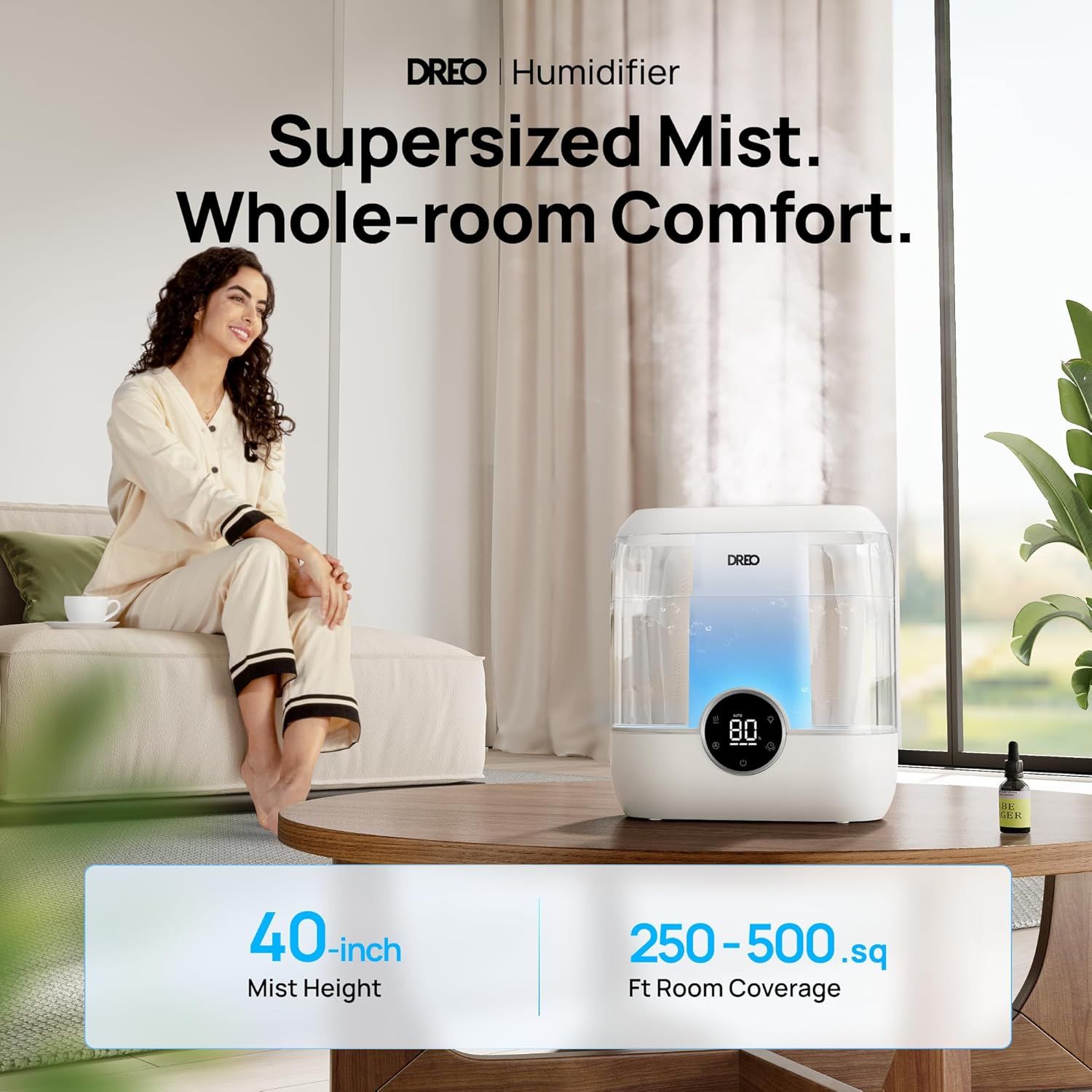Communicates the humidifier's performance capabilities with specific quantifiable metrics to help shoppers understand the product's coverage area and mist…