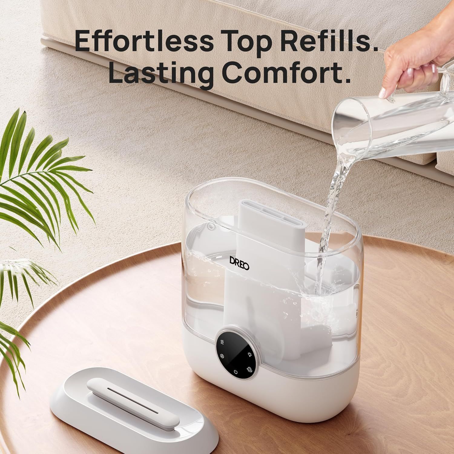 Demonstrates how easy it is to refill the humidifier from the top, emphasizing convenience and effortless maintenance for the shopper. Highlights the key…