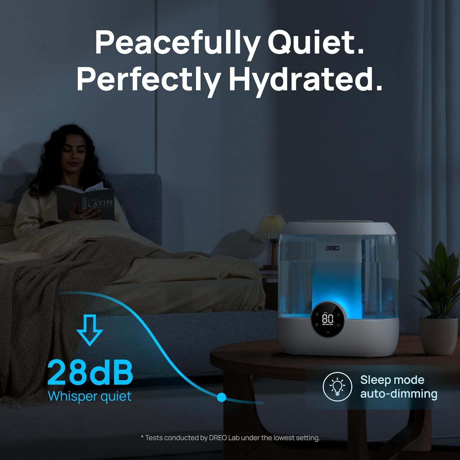 Communicates the product's ultra-quiet performance at 28dB to reassure shoppers that the humidifier won't disturb sleep or daily activities. Highlights the…