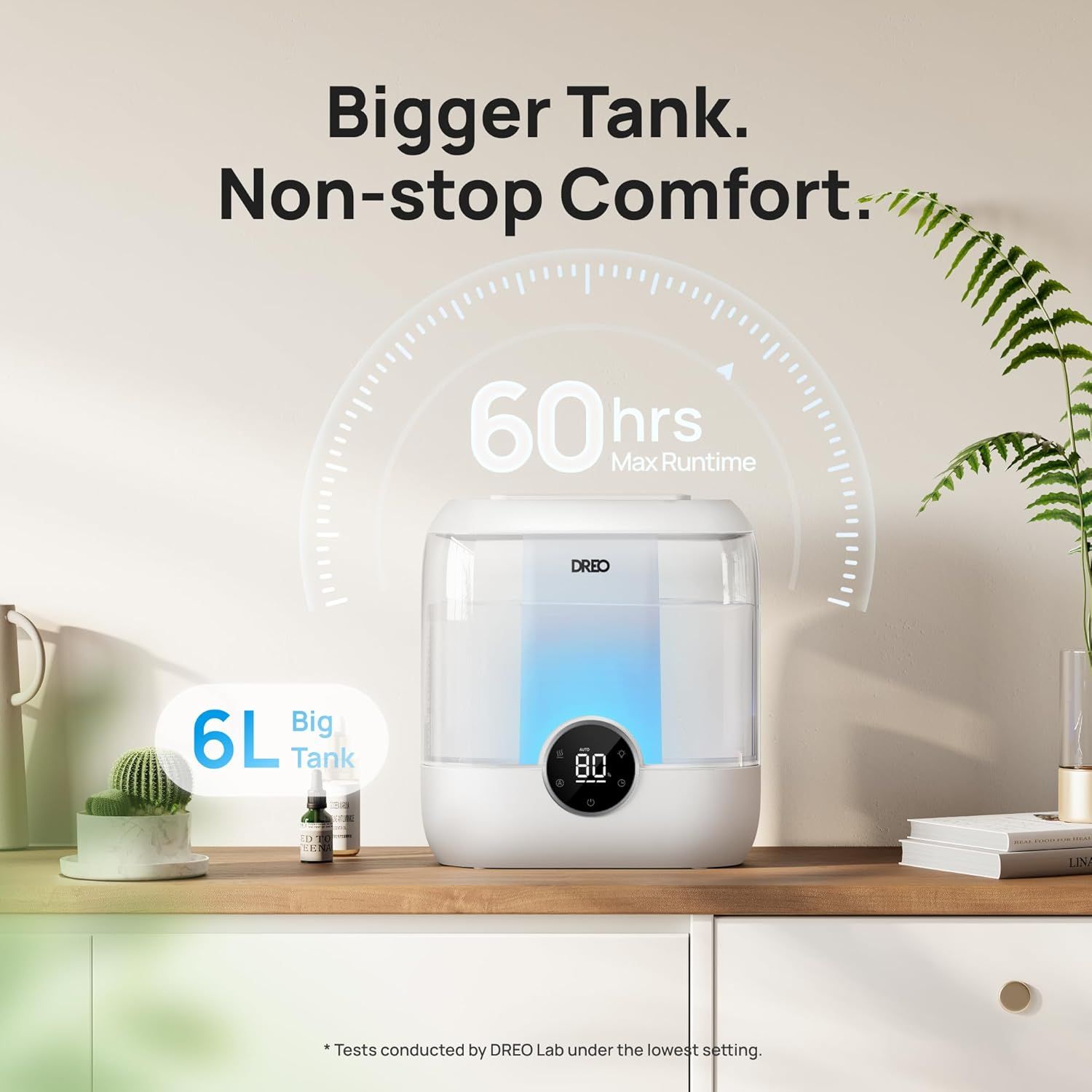 Communicates the product's large 6-liter water tank capacity and impressive 60-hour maximum runtime to reassure shoppers of extended, uninterrupted operation…
